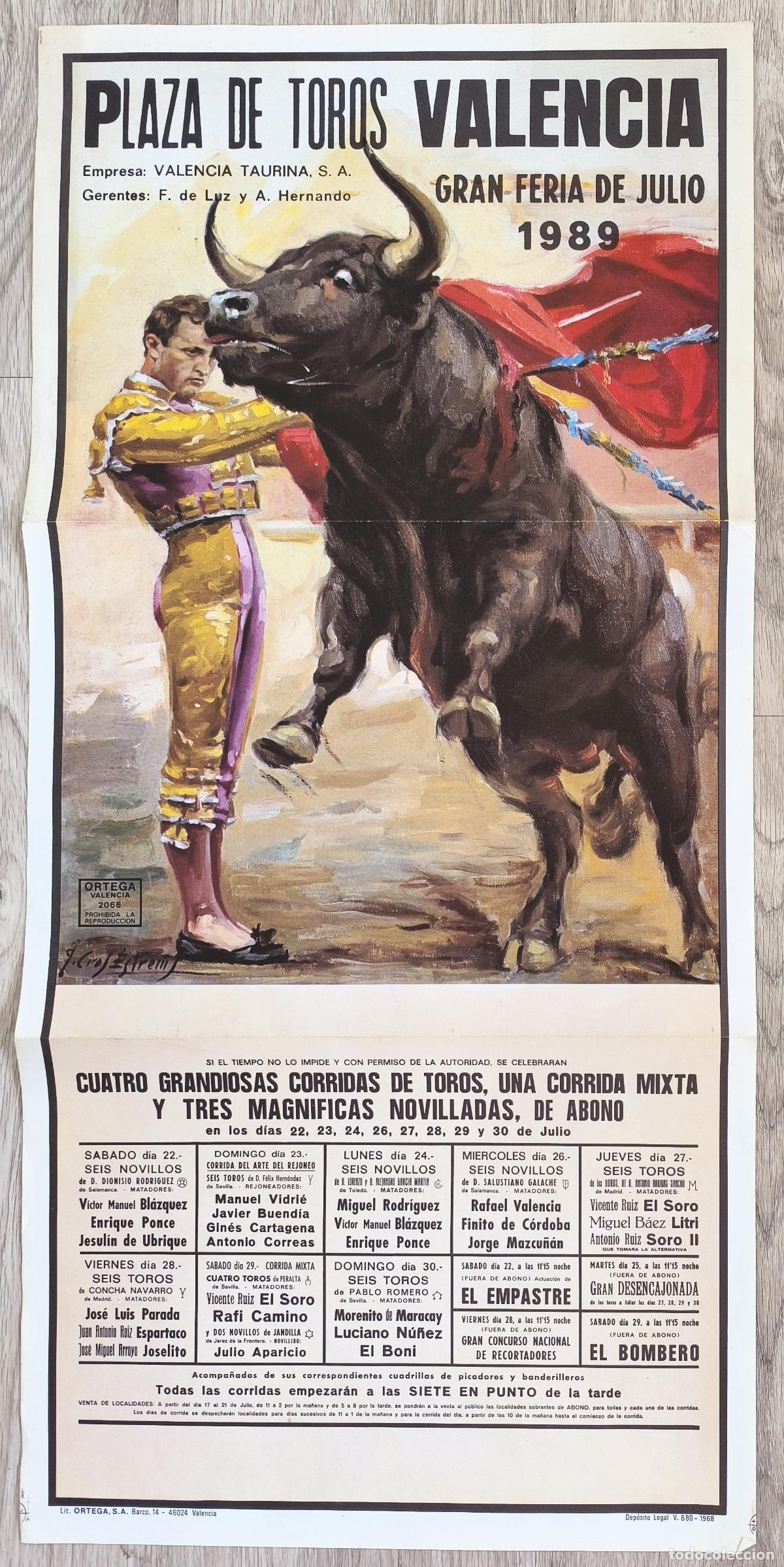 Carteles Toros: RW CARTEL PLAZA TOROS VALENCIA 1989 ENRIQUE PONCE JESULIN DE UBRIQUE FINITO DE CORDOBA J CROS CT468