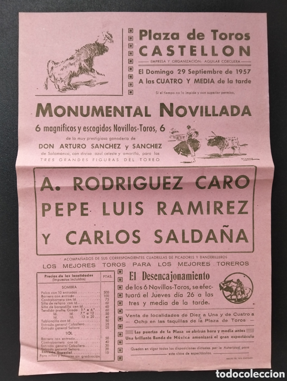 Carteles Toros: CARTEL PLAZA DE TOROS CASTELLON 29 SEPTIEMBRE 1957 RODROGUEZ CARO PEPE LUIS RAMIREZ CARLOS SALDA&Ntilde;A