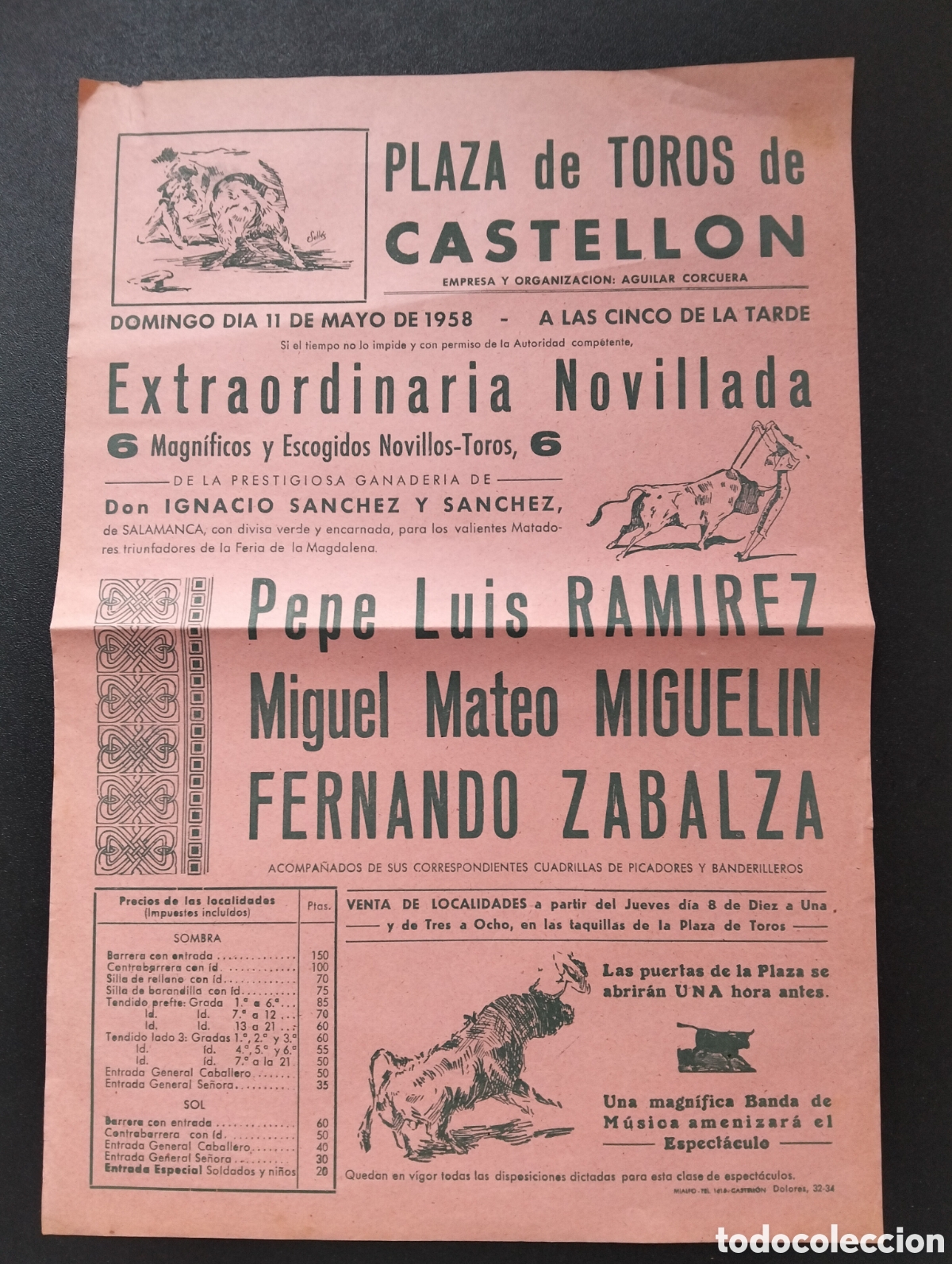 Carteles Toros: CARTEL PLAZA DE TOROS CASTELLON 11 MAYO 1958 PEPE LUIS MIGUEL MATEO MIGUELIN ZABALZA