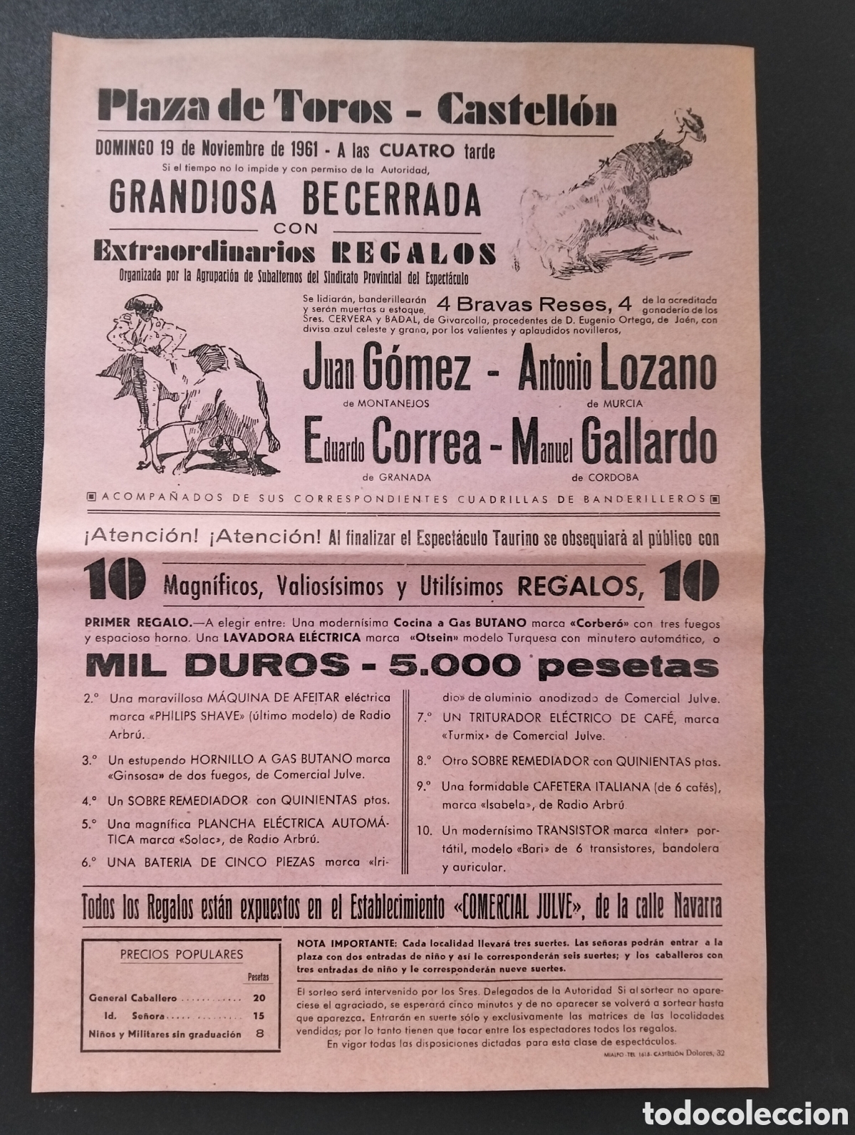 Carteles Toros: CARTEL PLAZA DE TOROS CASTELLON 19 NOVIEMBRE 1961 JUAN GOMEZ ANTONIO LOZANO EDUARDO CORREA GALLARDO