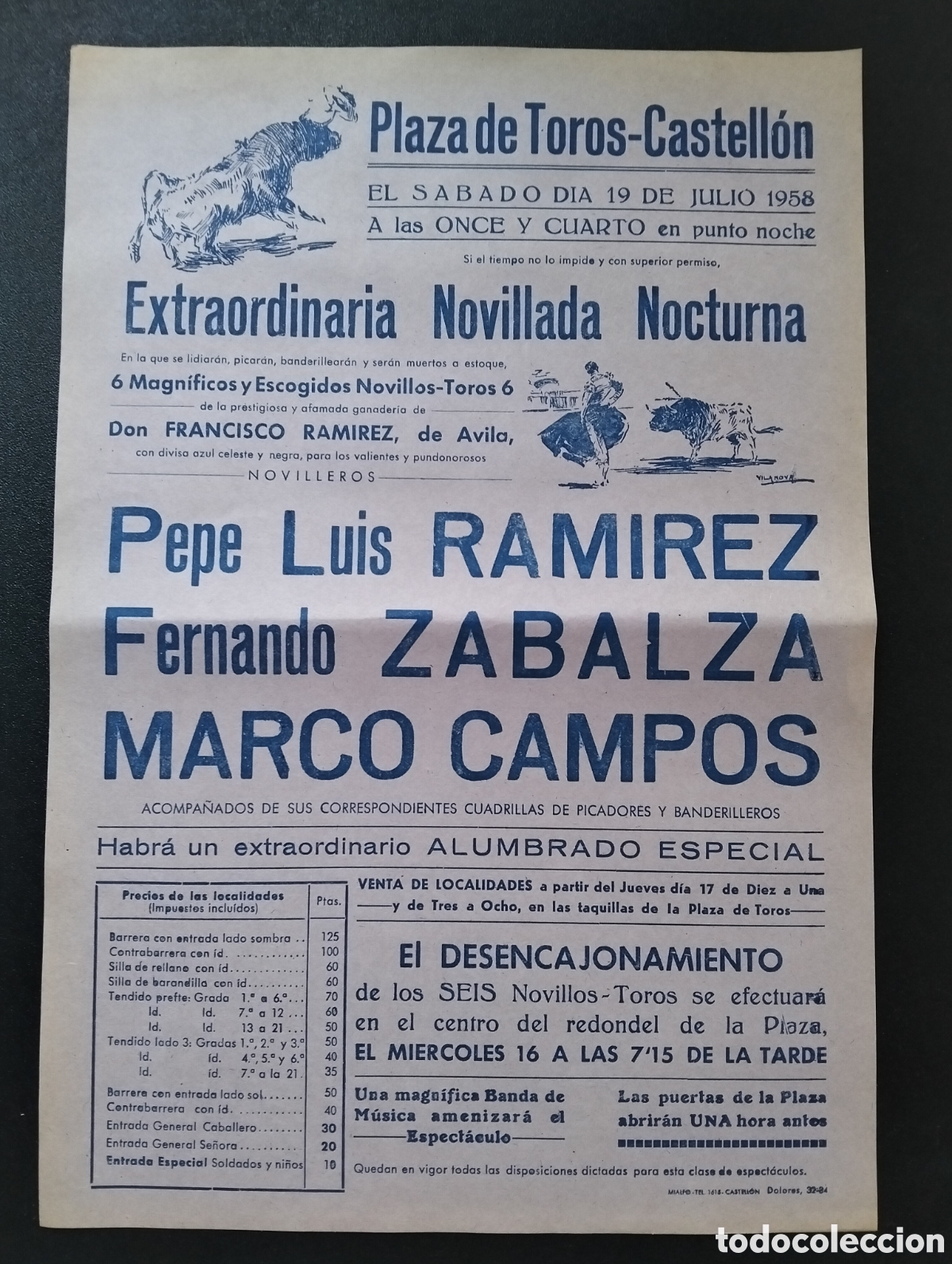 Carteles Toros: CARTEL PLAZA DE TOROS CASTELLON 19 JULIO 1958 PEPE LUIS ZABALZA MARCO CAMPOS