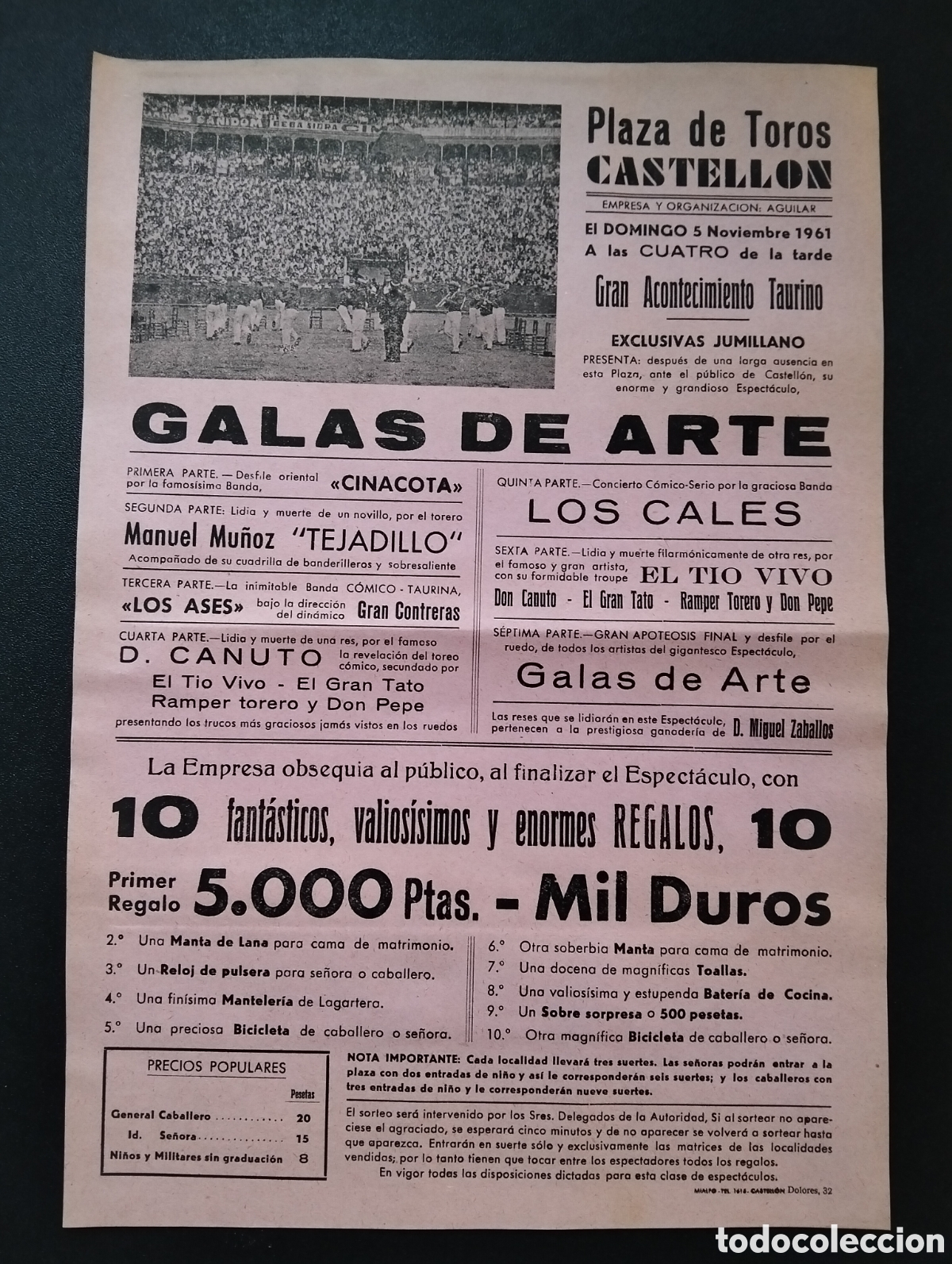 Carteles Toros: CARTEL PLAZA DE TOROS CASTELLON 5 NOVIEMBRE 1961 GALAS DE ARTE EXCLUSIVAS JUMILLANO