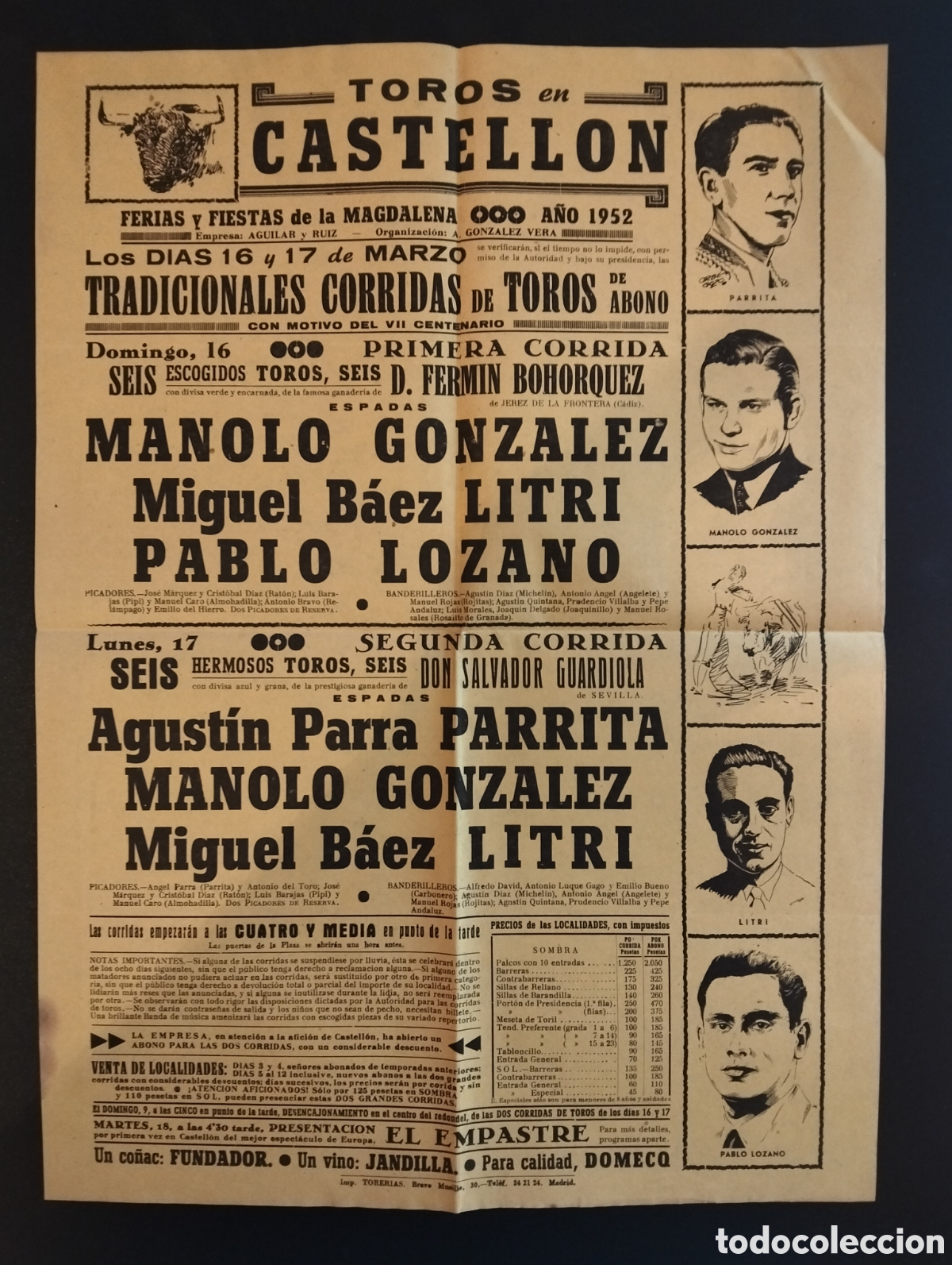 Carteles Toros: CARTEL PLAZA DE TOROS CASTELLON 1952 MANOLO GONZALEZ LITRI PABLO LOZANO PARRITA