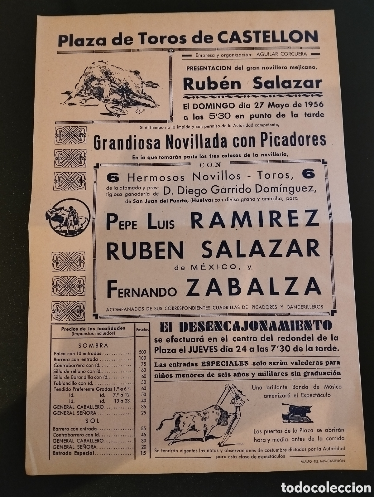 Carteles Toros: CARTEL PLAZA DE TOROS CASTELLON 27 MAYO 1956 RUBEN SALAZAR PEPE LUIS ZABALZA