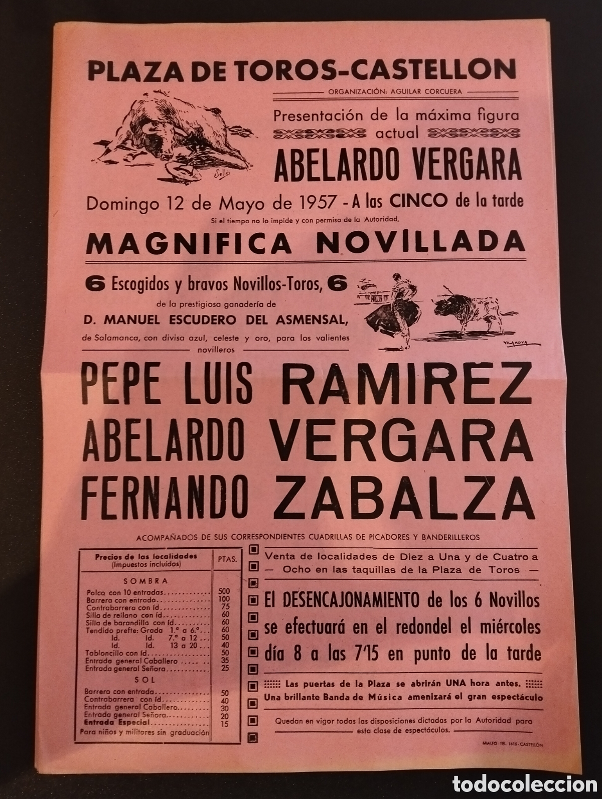 Carteles Toros: CARTEL PLAZA DE TOROS CASTELLON 12 MAYO 1957 ABELARDO VERGARA PEPE LUIS ZABALZA