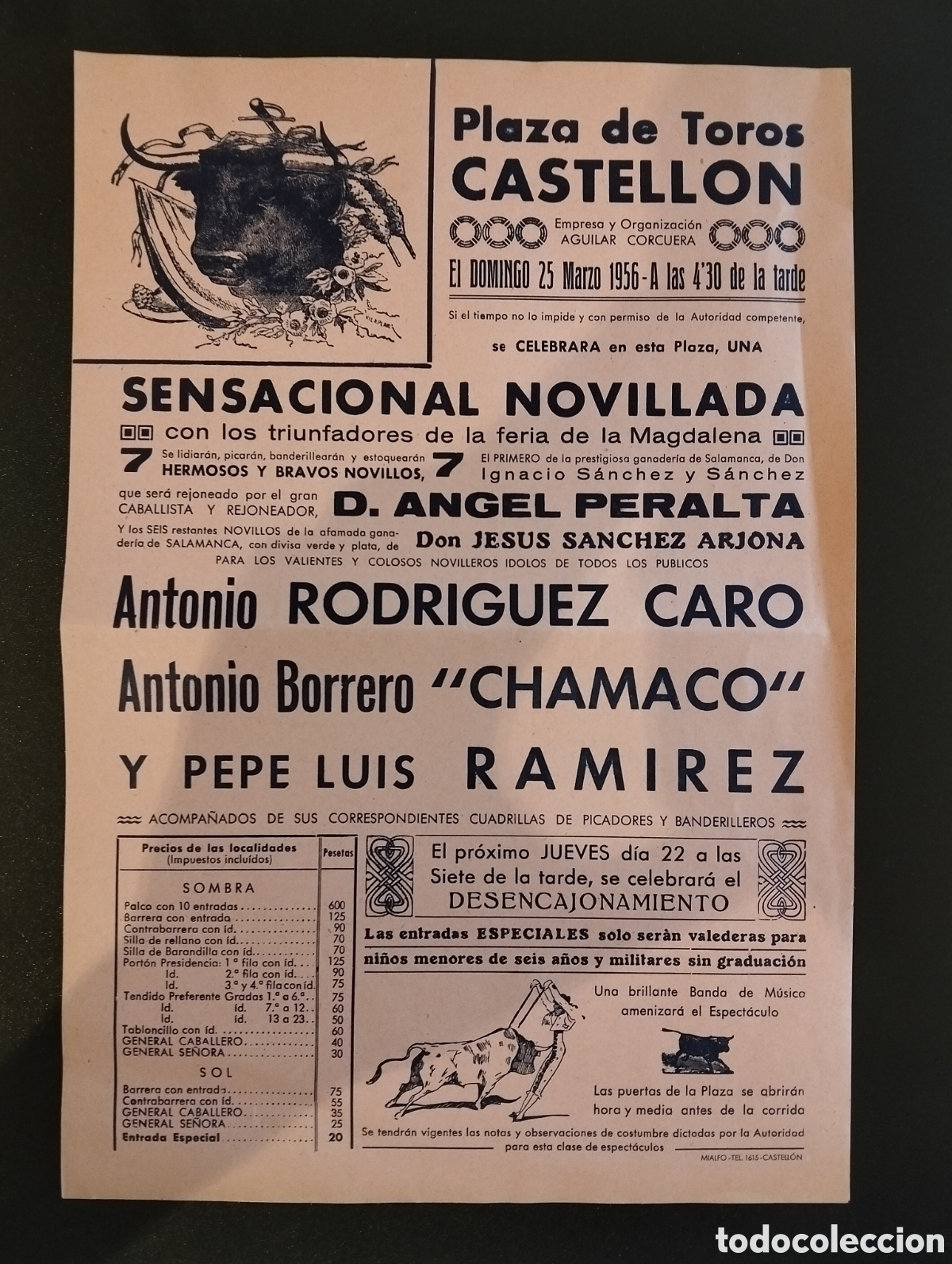 Carteles Toros: CARTEL PLAZA DE TOROS CASTELLON 25 MARZO 1956 PERALTA CHAMACO RODRIGUEZ CARO PEPE LUIS