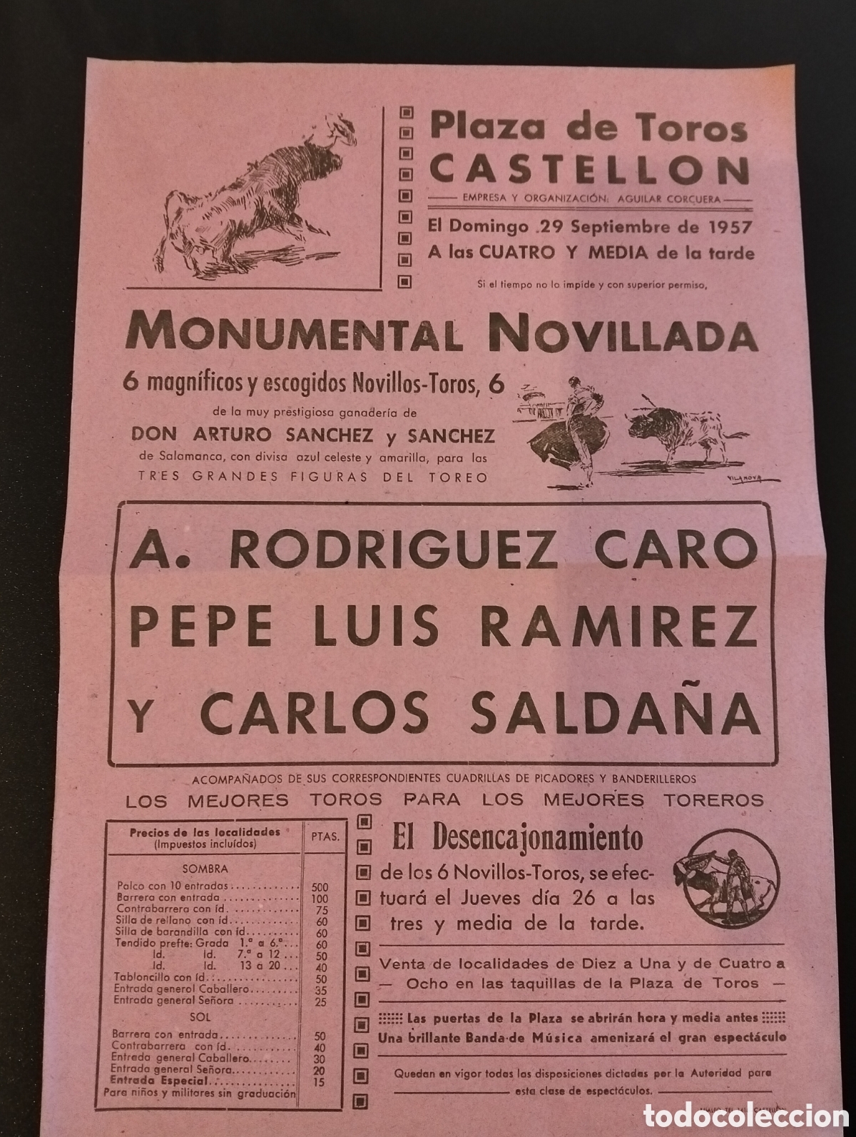 Carteles Toros: CARTEL PLAZA DE TOROS CASTELLON 29 SEPTIEMBRE 1957 RODRIGUEZ CARO PEPE LUIS CARLOS SALDA&Ntilde;A