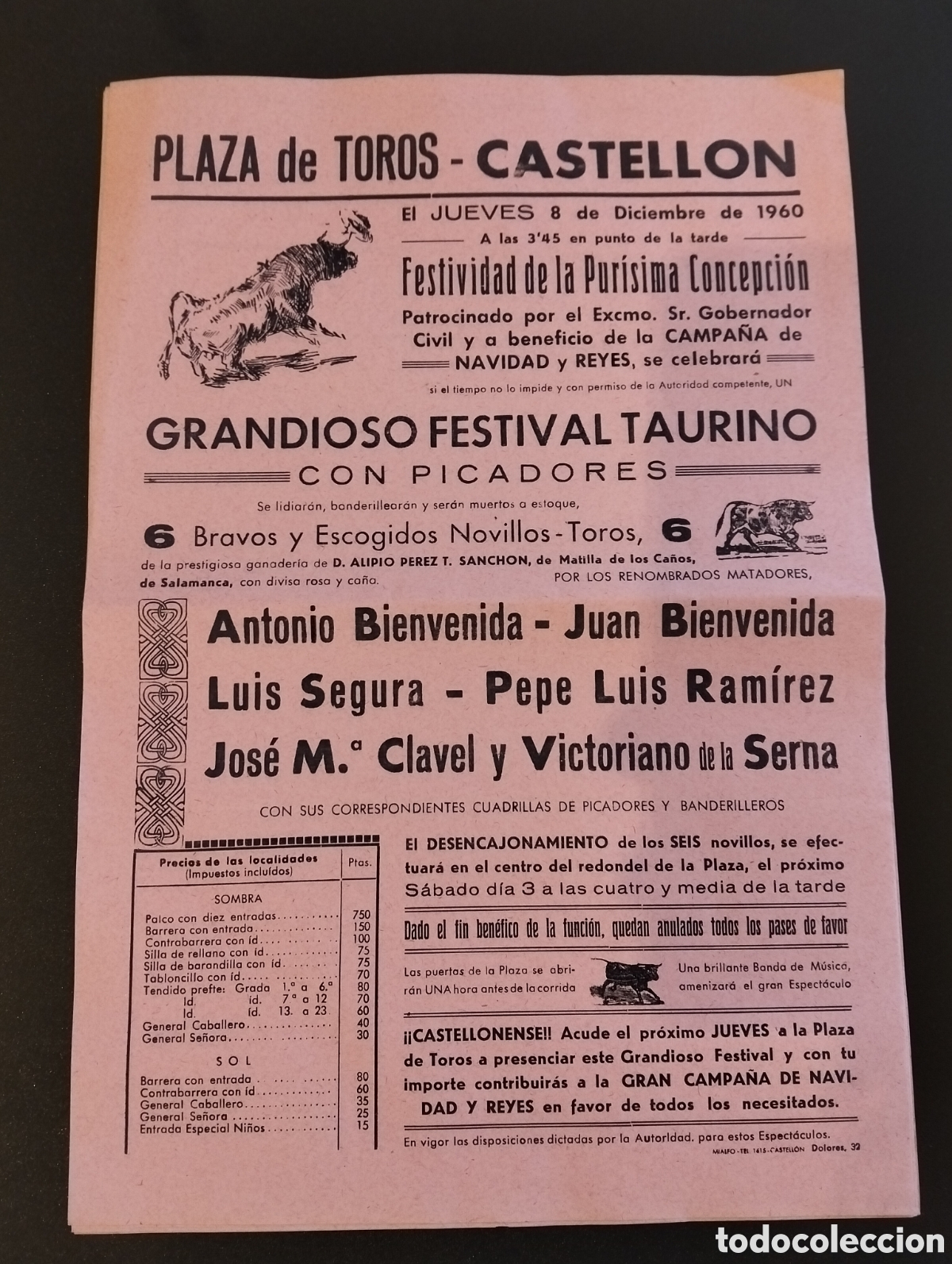 Carteles Toros: CARTEL PLAZA DE TOROS CASTELLON 8 DICIEMBRE 1960 ANTONIO BIENVENIDA JUAN BIENVENIDA CLAVEL