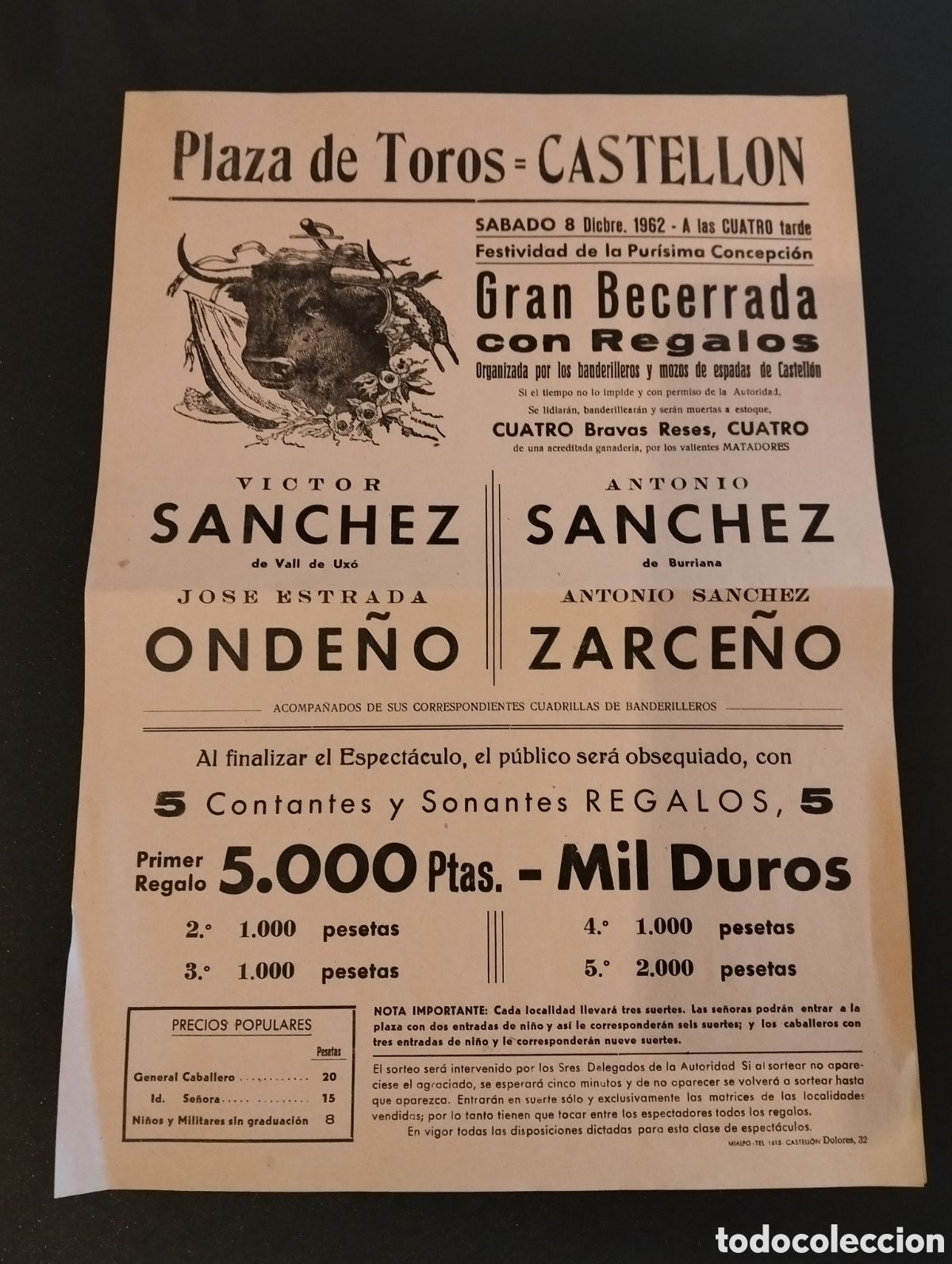 Carteles Toros: CARTEL PLAZA DE TOROS CASTELLON 8 DICIEMBRE 1962 VICTOR SANCHEZ ANTONIO SANCHEZ ZARCE&Ntilde;O ONDE&Ntilde;O