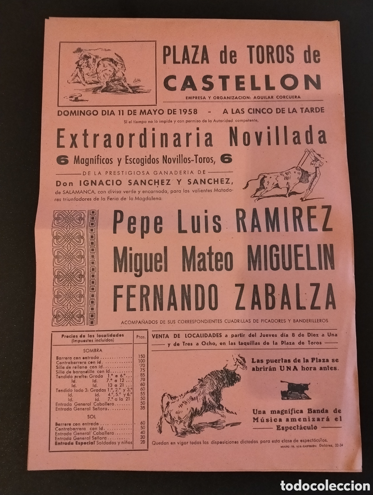 Carteles Toros: CARTEL PLAZA DE TOROS CASTELLON 11 MAYO 1958 PEPE LUIS MIGUELIN ZABALZA