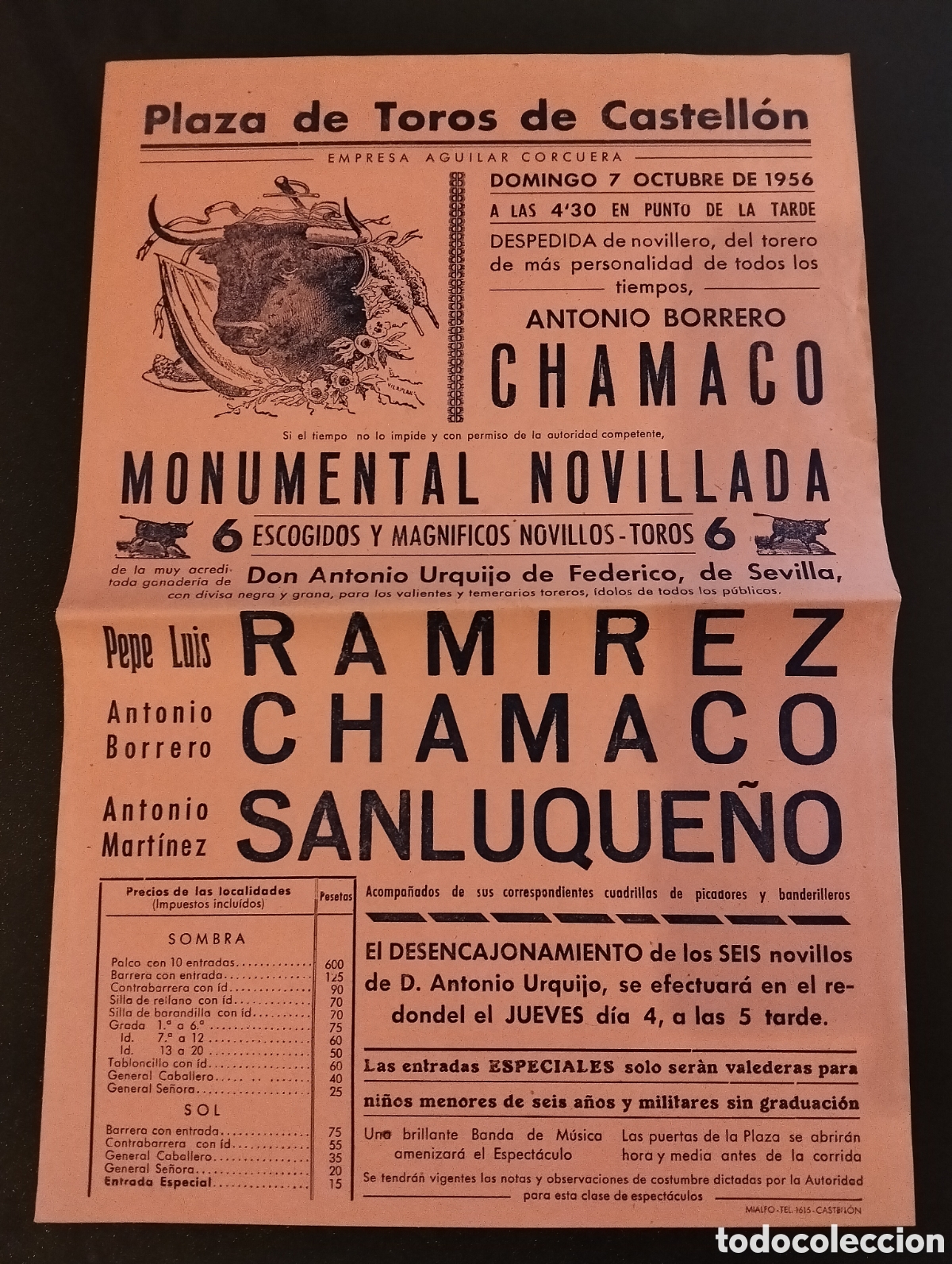 Carteles Toros: CARTEL PLAZA DE TOROS CASTELLON 7 OCTUBRE 1956 CHAMACO RAMIREZ SANLUQUE&Ntilde;O