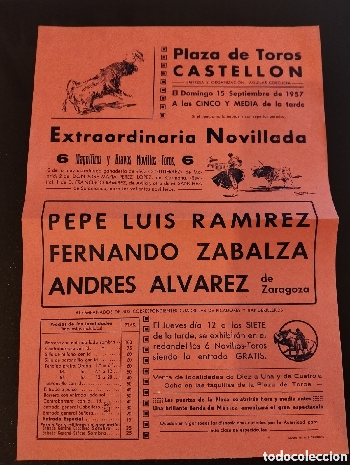 Carteles Toros: CARTEL PLAZA DE TOROS CASTELLON 15 SEPTIEMBRE 1957 PEPE LUIS ZABALZA ANDRES ALVAREZ