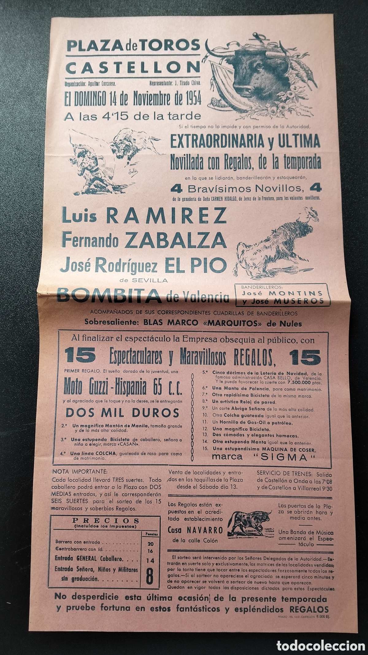 Carteles Toros: CARTEL PLAZA DE TOROS CASTELLON 14 NOVIEMBRE 1954 RAMIREZ ZABALZA EL PIO BOMBITA DE VALENCIA