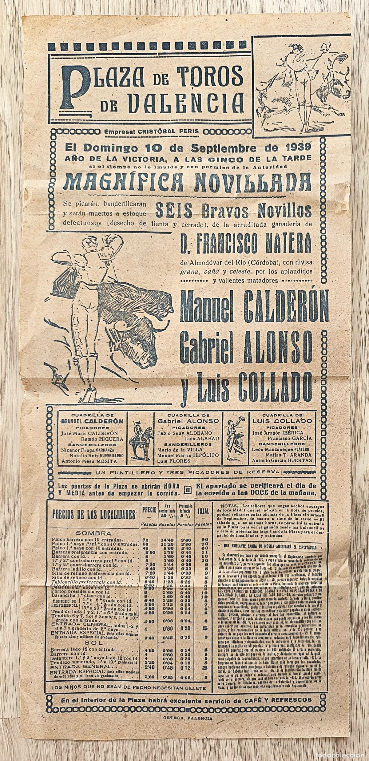Carteles Toros: RW CARTEL PLAZA TOROS VALENCIA 1939 CALDERON ALONSO COLLADO CTC272 R