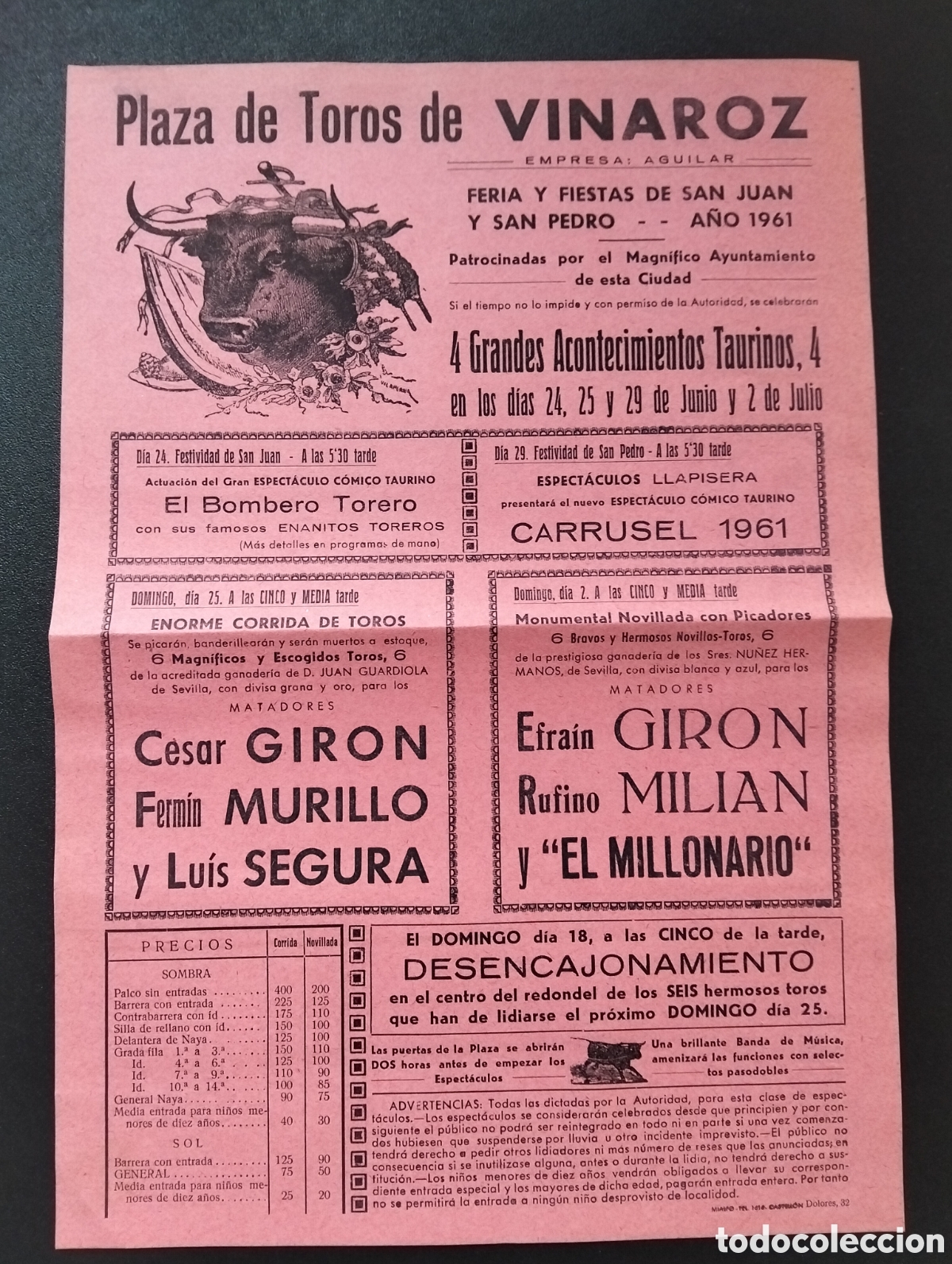 Carteles Toros: CARTEL PLAZA DE TOROS VINAROZ 24 25 29JUNIO Y 2 DE JULIO 1961 CARRUSEL GIRON MURILLO SEGURA MILIAN