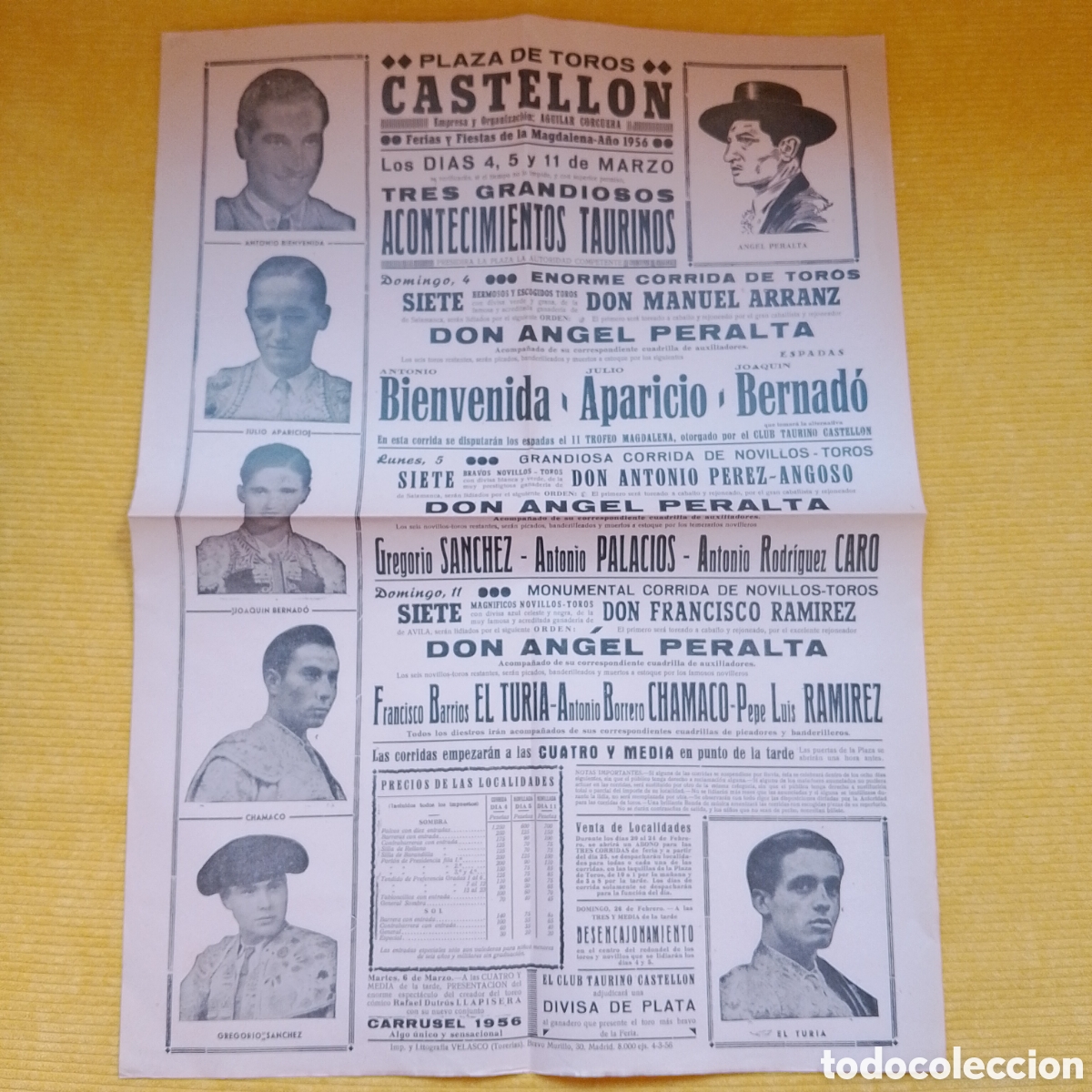 Carteles Toros: CARTEL PLAZA DE TOROS CASTELLON 4 5 11 MARZO 1956 BIENVENIDA APARCIO BERNARDO ANGEL PERALTA