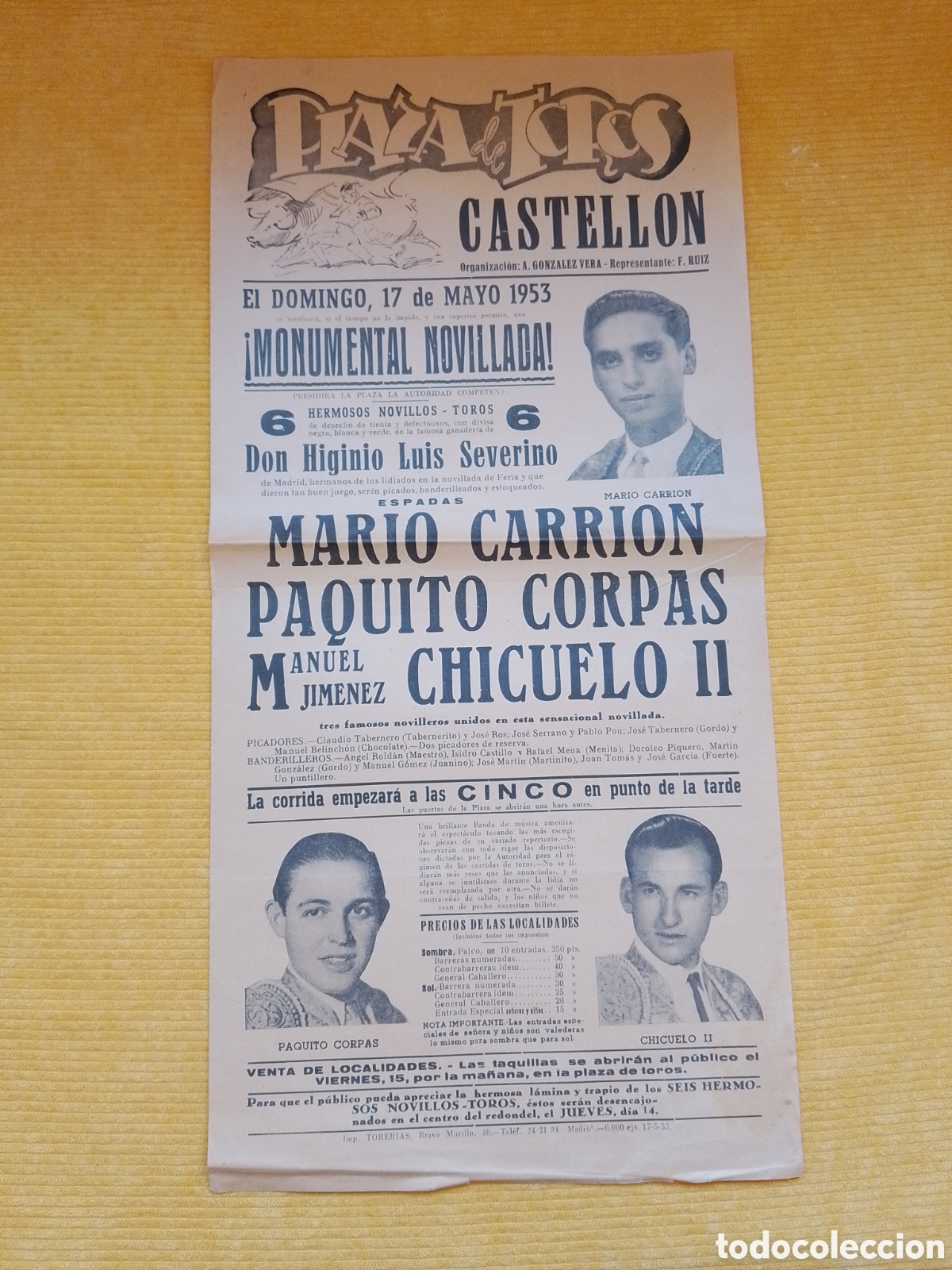 Carteles Toros: CARTEL PLAZA DE TOROS CASTELLON 17 MAYO 1953 VARRION CORPAS CHICUELO II