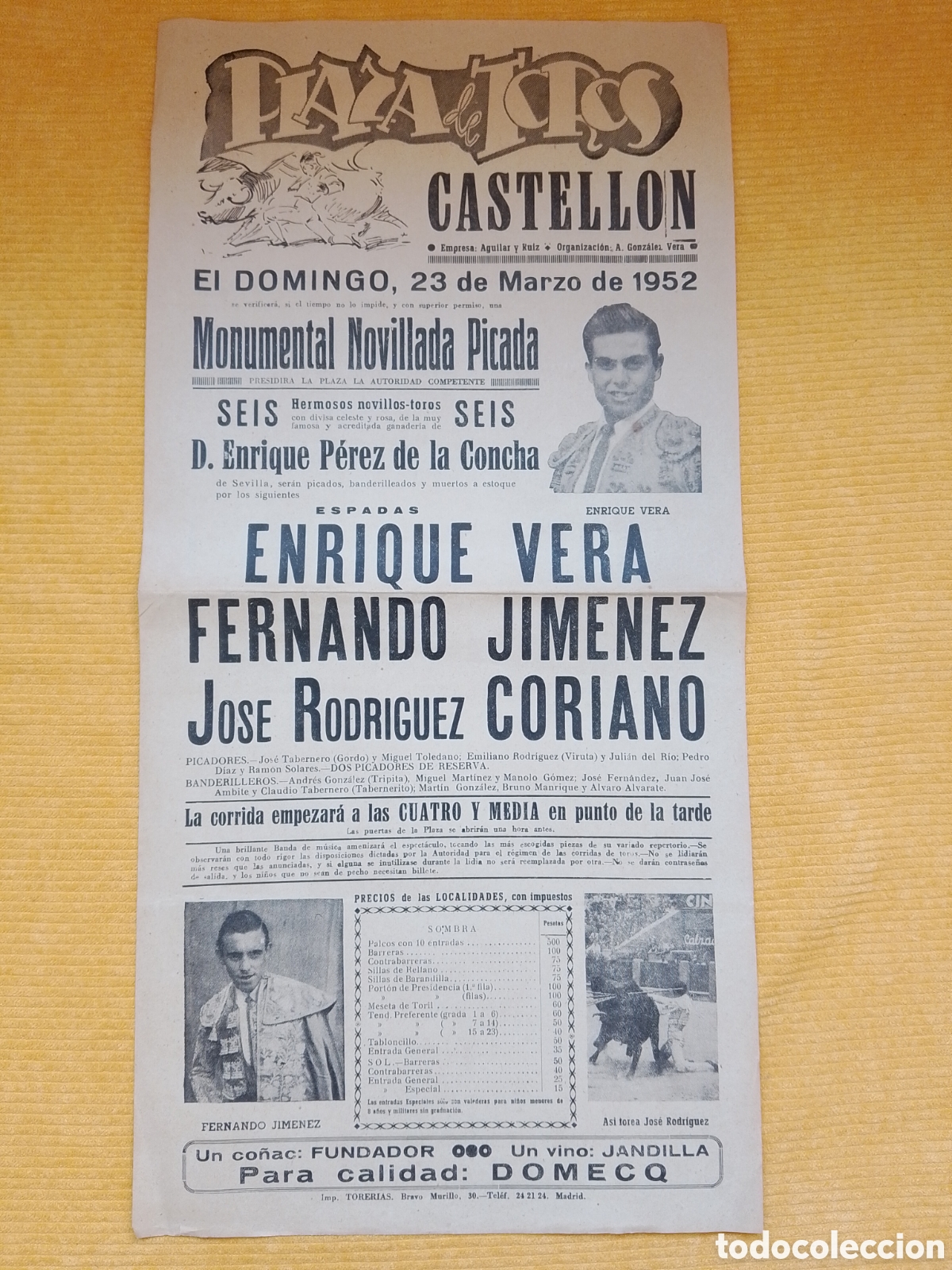 Carteles Toros: CARTEL PLAZA DE TOROS CASTELLON 23 MARZO 1952 VERA FERNANDO JIMENEZ CORIANO