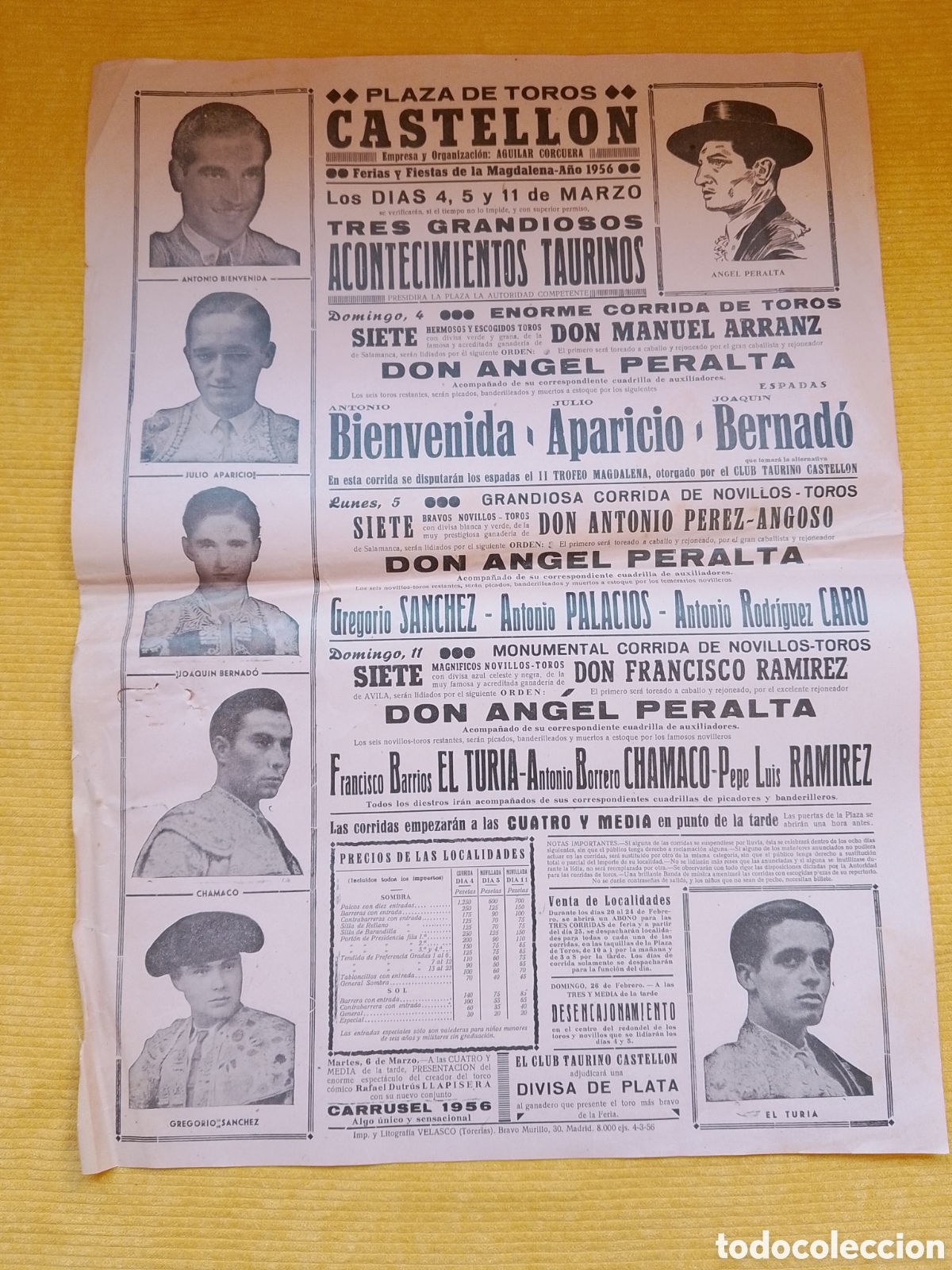 Carteles Toros: CARTEL PLAZA DE TOROS CASTELLON 4 5 11 MARZO BIENVENIDA APARICIO BERNARDO DON ANGEL PERALTA