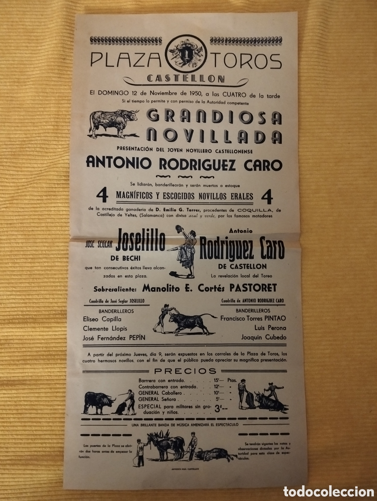 Carteles Toros: CARTEL PLAZA DE TOROS CASTELLON 12 NOVIEMBRE 1950 JOSELILLO CARO