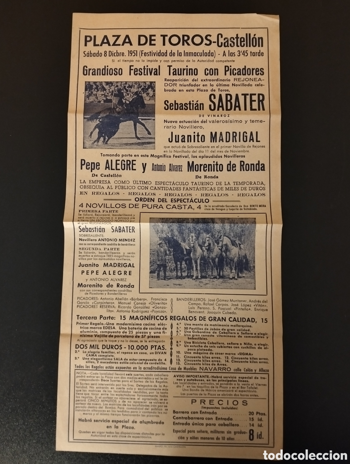 Carteles Toros: CARTEL PLAZA DE TOROS CASTELLON 8 DIEMBRE 1951 SABATER MADRIGAL PEPE ALEGRE MORENITO DE RONDA