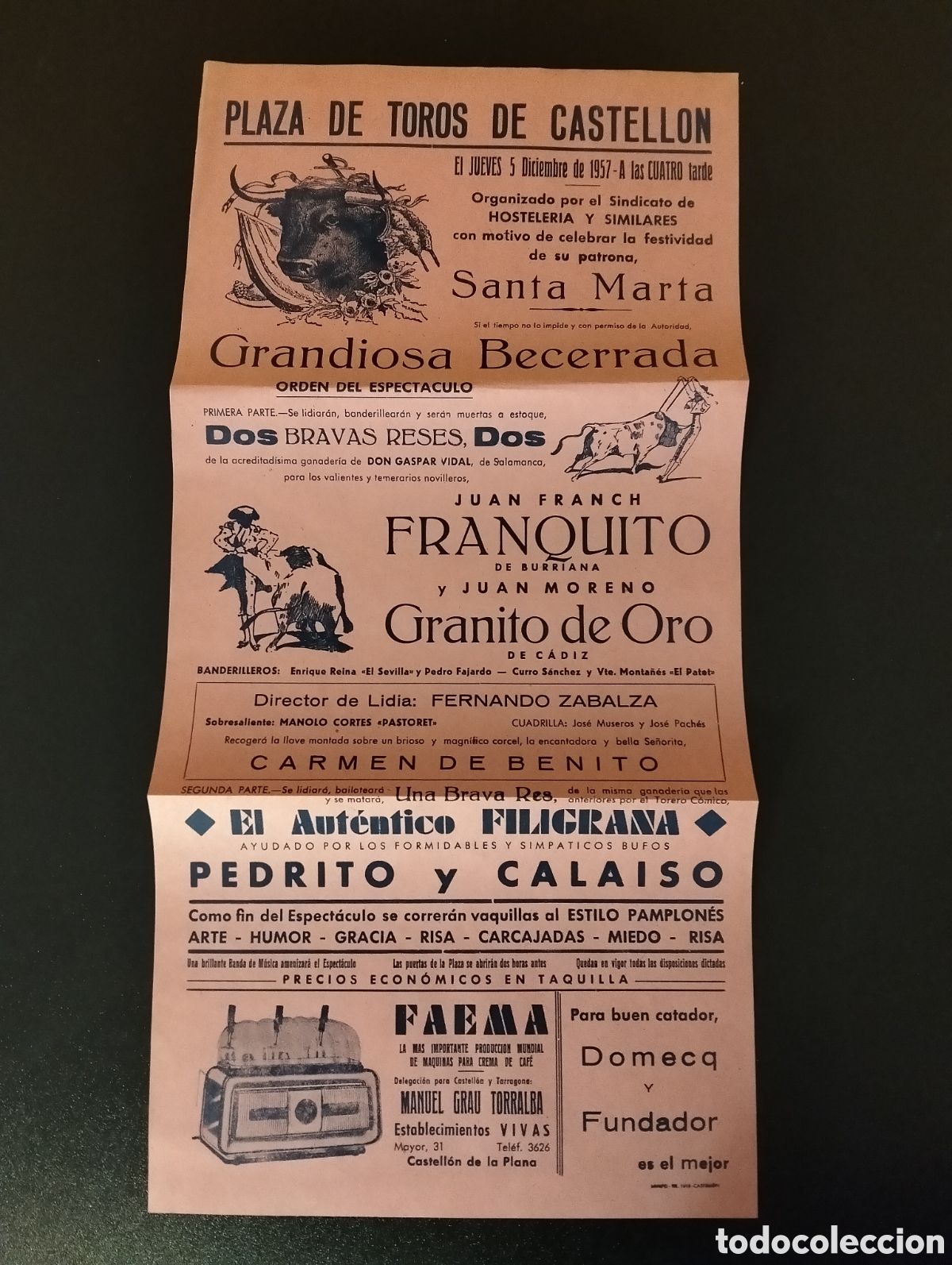 Carteles Toros: CARTEL PLAZA DE TOROS CASTELLON 5 DICIEMBRE 1957 FRANQUITO GRANITO DE ORO