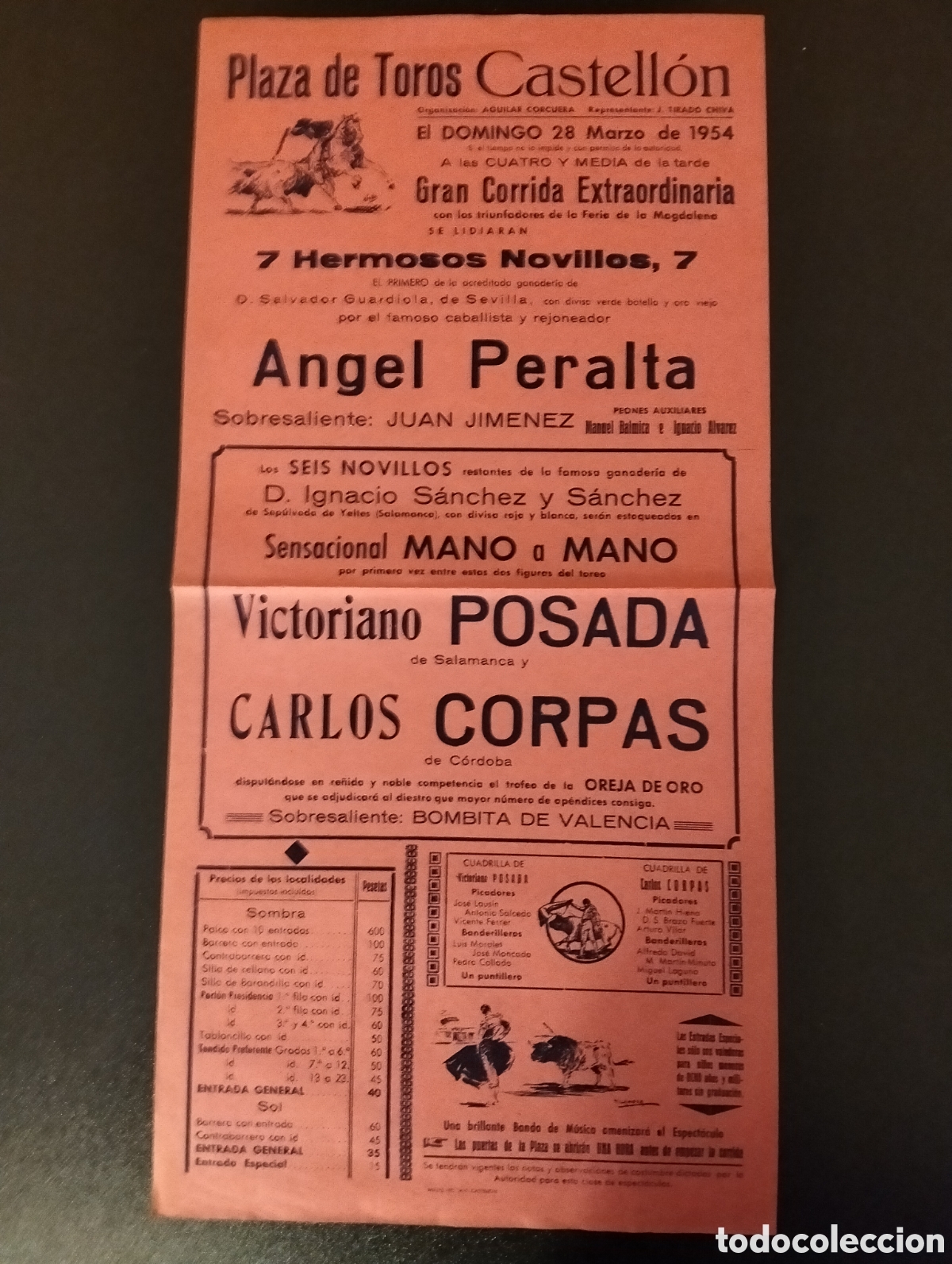 Carteles Toros: CARTEL PLAZA DE TOROS CASTELLON 28 MARZO 1954 ANGEL PERALTA VICTORIANO PASADAS CARLOS CORPAS