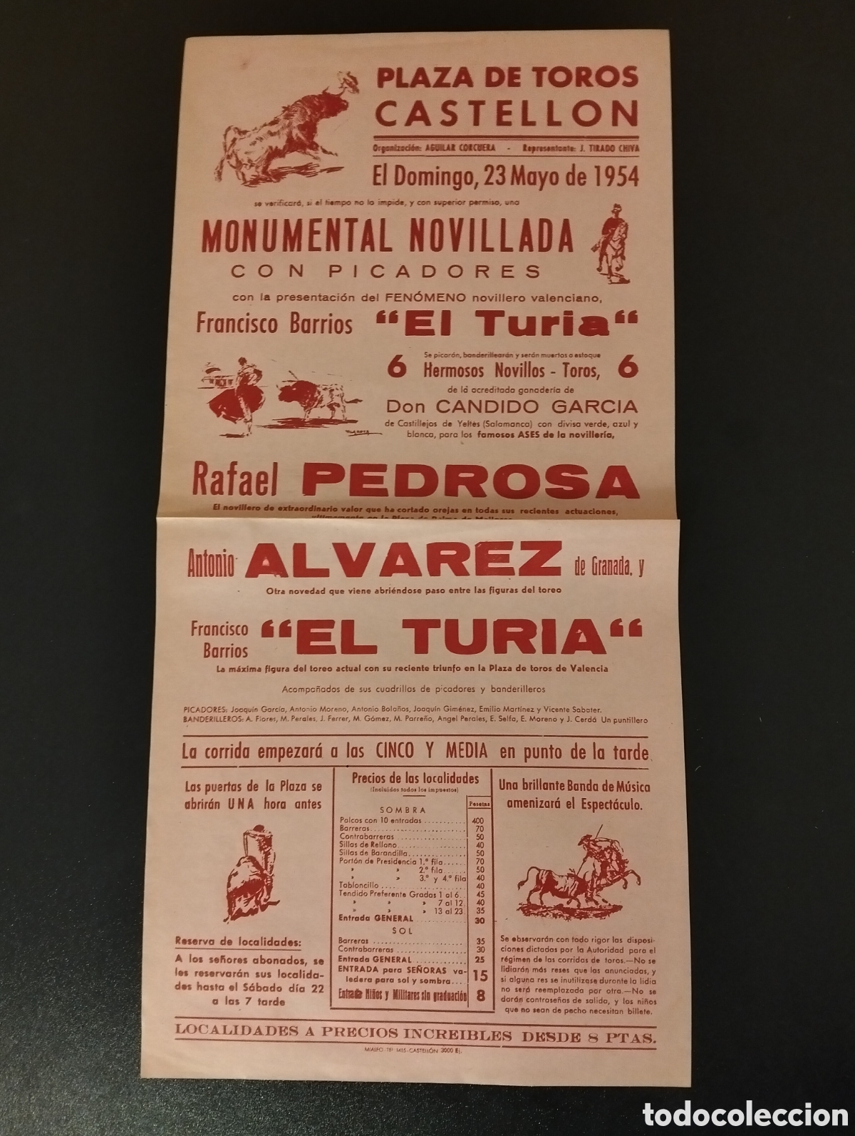 Carteles Toros: CARTEL PLAZA DE TOROS CASTELLON23 MAYO 1954 EL TURIA PEDROSA ALVAREZ