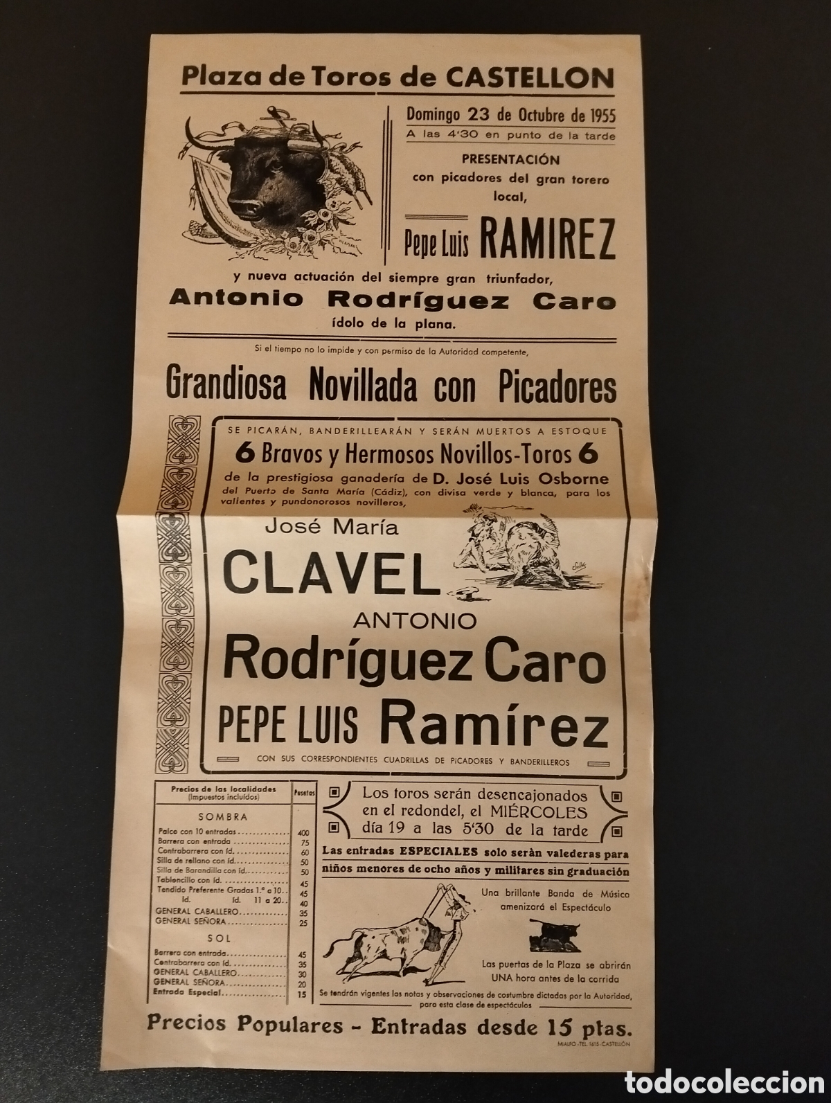 Carteles Toros: CARTEL PLAZA DE TOROS CASTELLON 23 OCTUBRE 1955 RAMIREZ CARO CLAVEL