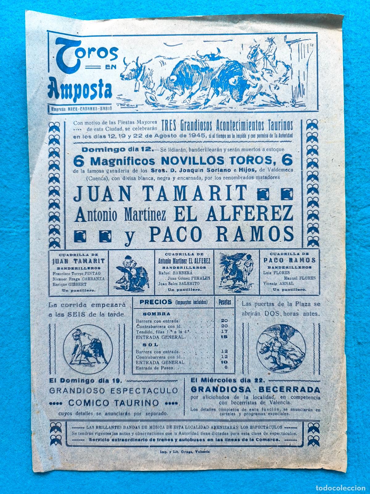 Carteles Toros: RW CARTEL PLAZA TOROS AMPOSTA TARRAGONA JUAN TAMARIT EL ALFEREZ PACO RAMOS CTC230