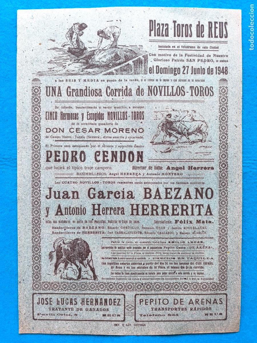 Carteles Toros: RW CARTEL PLAZA TOROS REUS TARRAGONA 1948 PEDRO GENDON BAEZANO HERRERITA CTC223