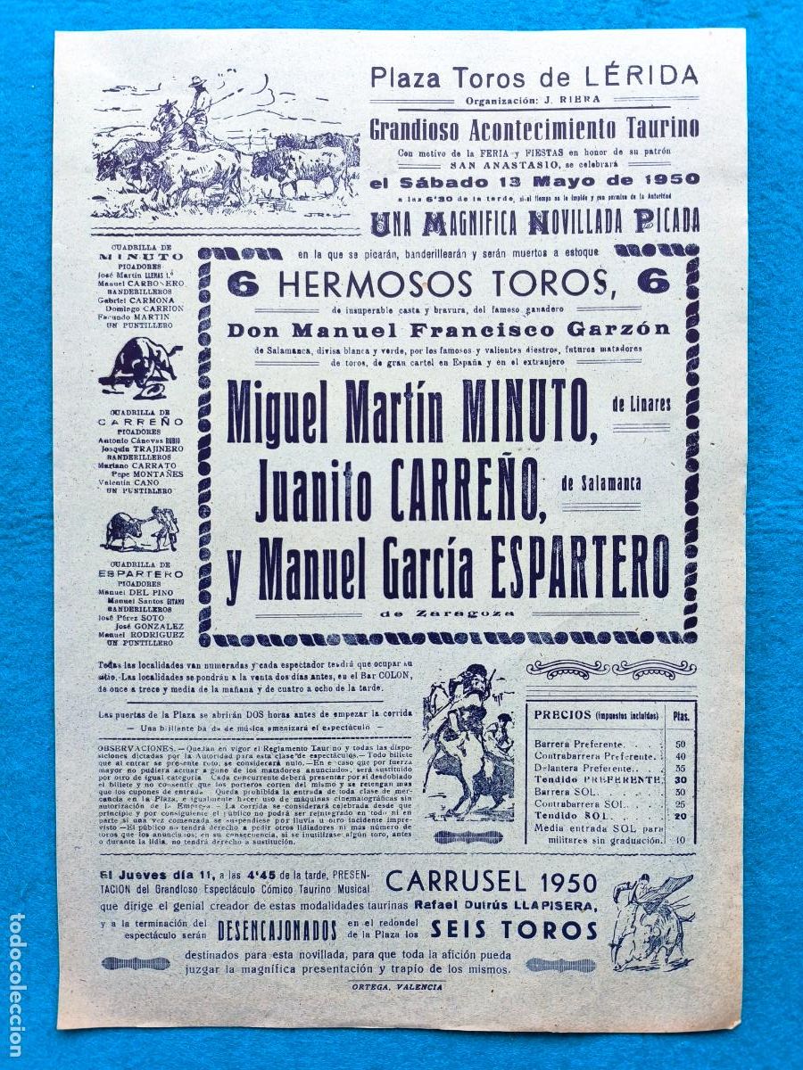 Carteles Toros: RW CARTEL PLAZA TOROS LERIDA 1950 MIGUEL MARTIN MINUTO JUANITO CARRE&Ntilde;O ESPARTERO CTC225