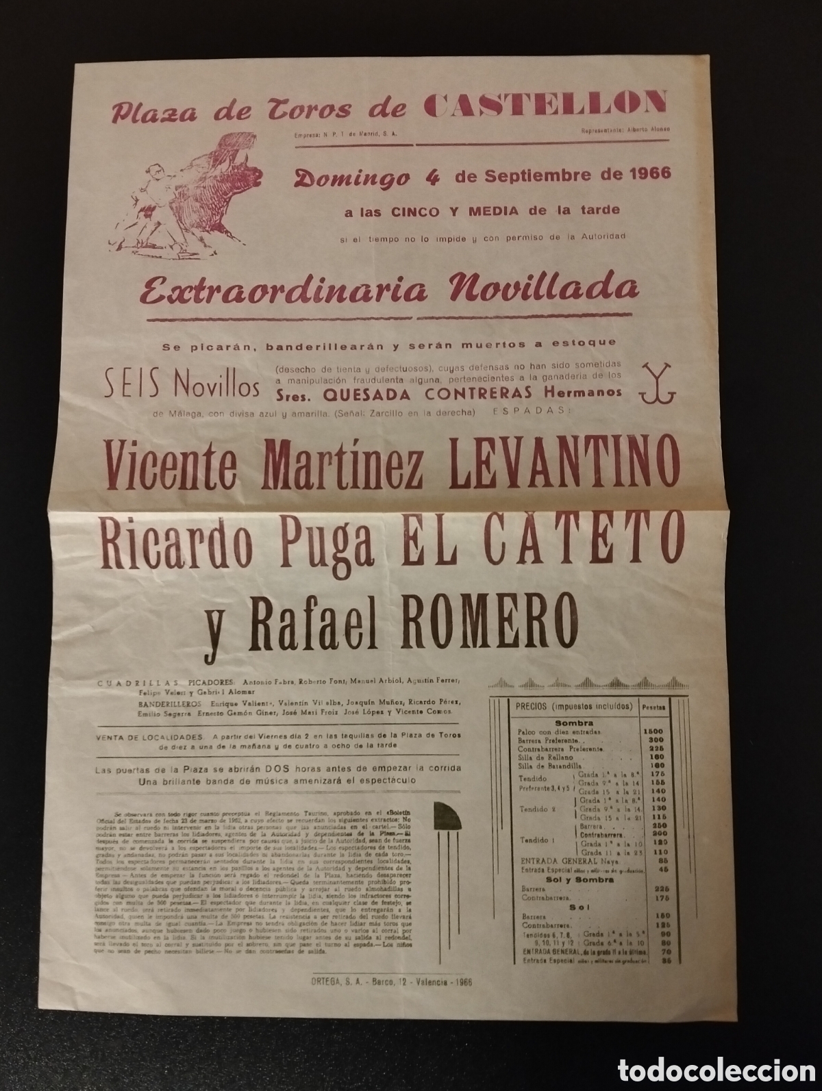 Carteles Toros: CARTEL PLAZA DE TOROS CASTELLON 4 SEPTIEMBRE 1966 LEVANTINO EL CATETO RAFAEL ROMERO