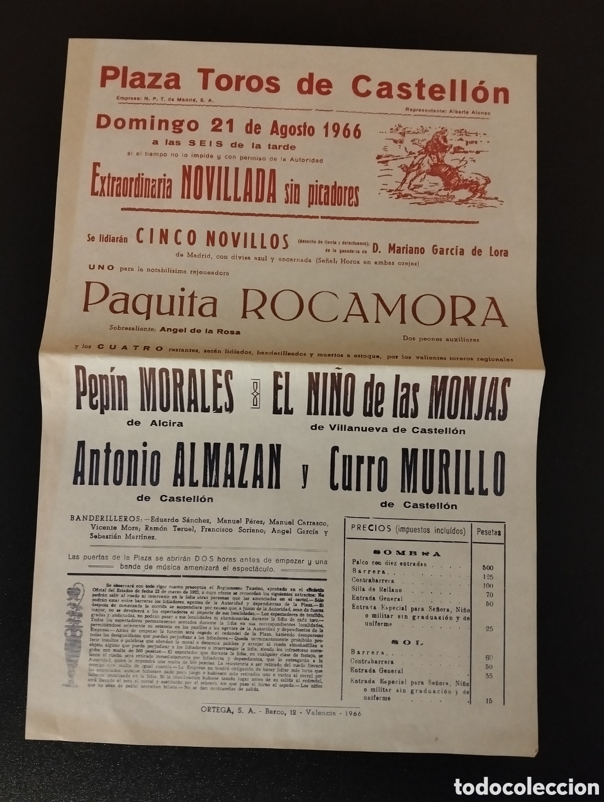 Carteles Toros: CARTEL PLAZA DE TOROS CASTELLON 21 AGOSTO 1966 ROCAMORA MORALES EL NI&Ntilde;O DE LAS MONJAS MURILLO ALMAZA