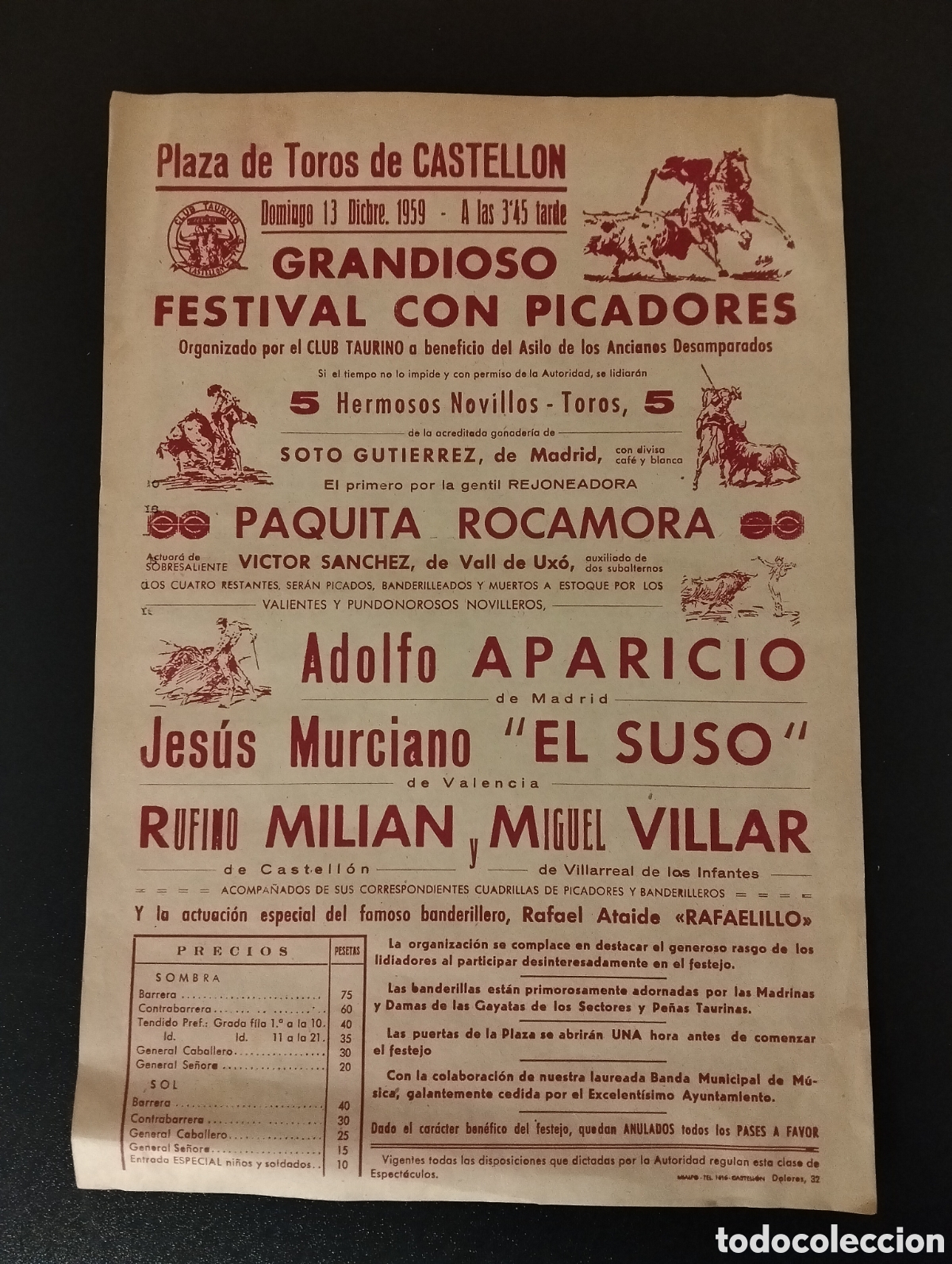 Carteles Toros: CARTEL PLAZA DE TOROS CASTELLON 13 DIEMBRE 1959 ROCAMORA APARICIO EL SUSO MILIAN VILLAR