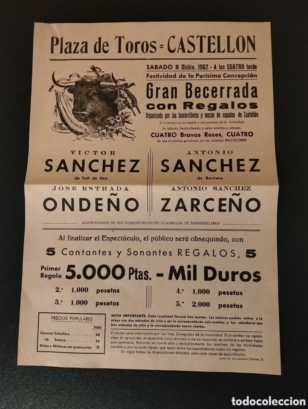 Carteles Toros: CARTEL PLAZA DE TOROS CASTELLON 8 DICEMBRE 1962 SANCHEZ ONDE&Ntilde;O ZARDE&Ntilde;O