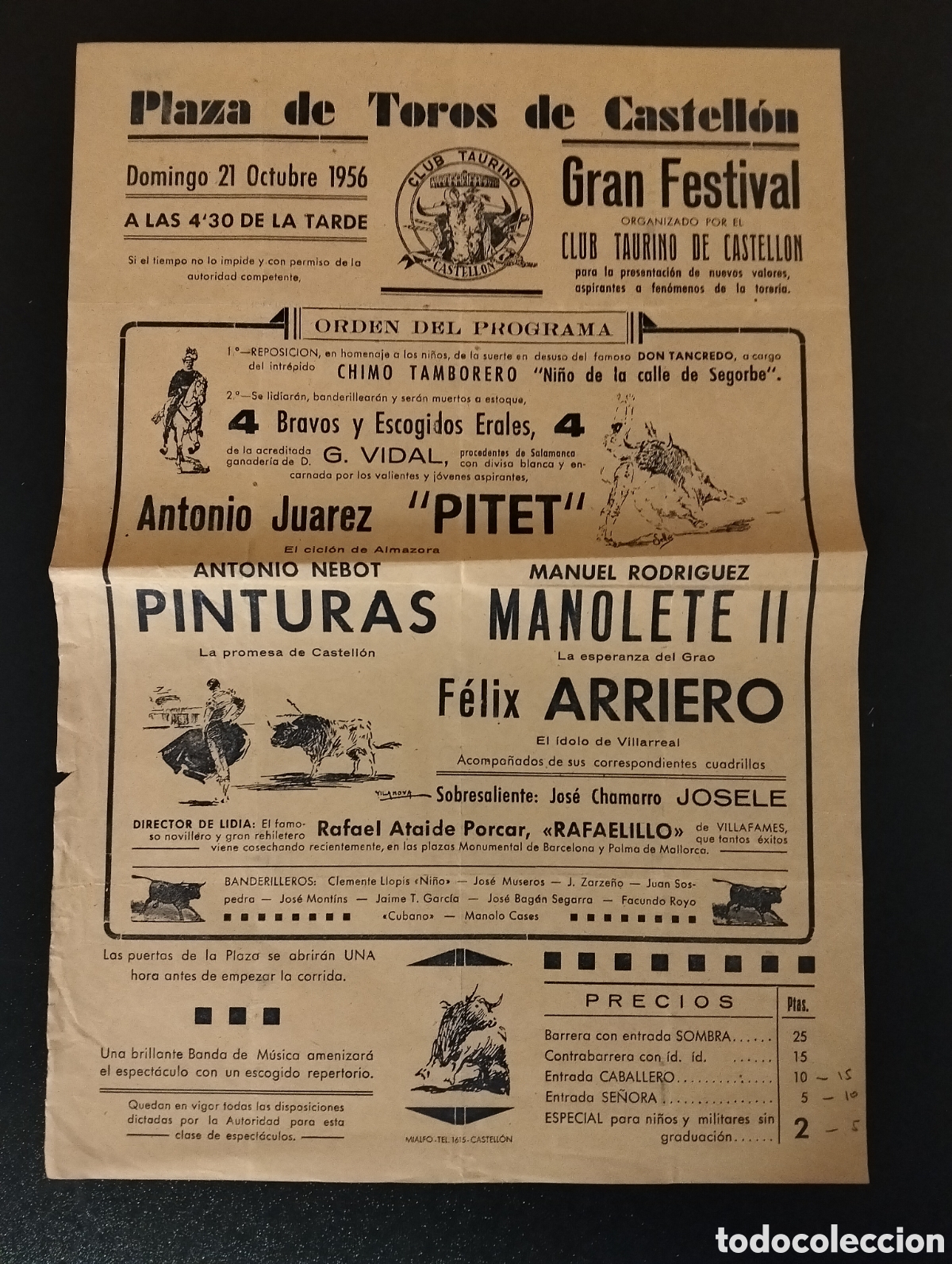 Carteles Toros: CARTEL PLAZA DE TOROS CASTELLON 21 OCTUBRE 1956 PITET MANOLETE II ARRIERO