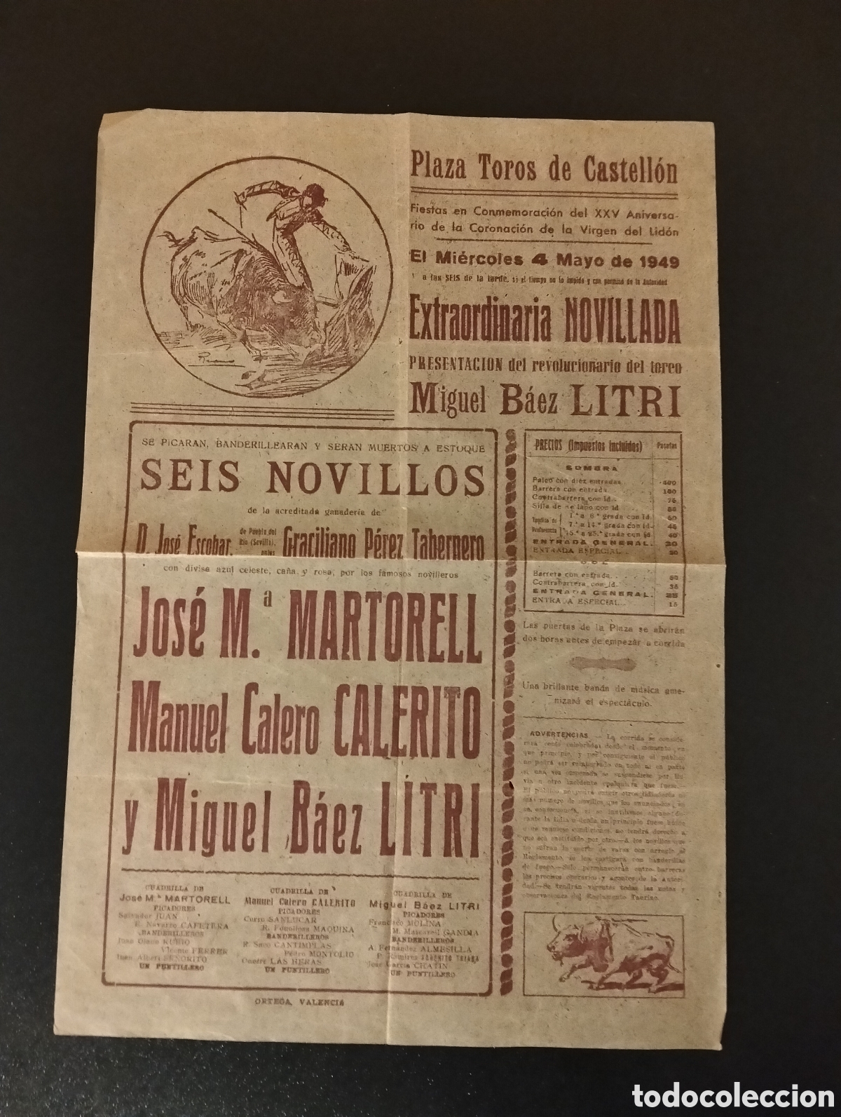 Carteles Toros: CARTEL PLAZA DE TOROS CASTELLON 4 MAYO 1949 LITRI MARTORELL CALERITO