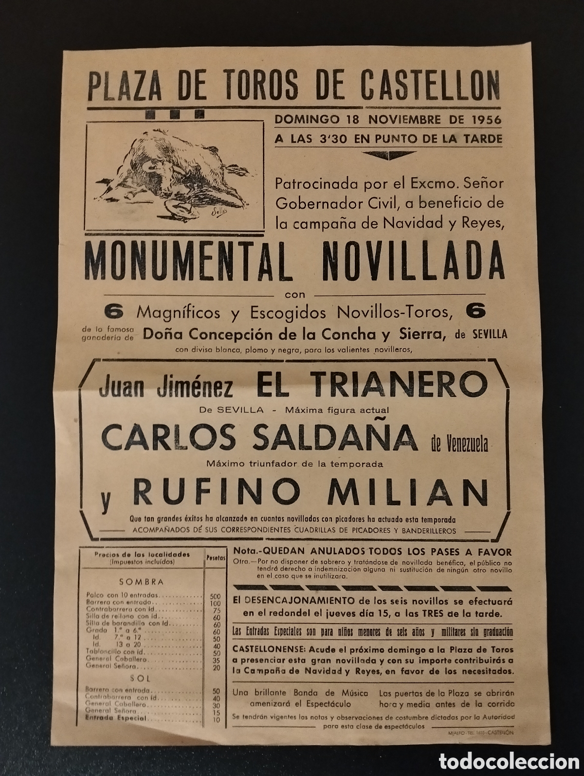 Carteles Toros: CARTEL PLAZA DE TOROS CASTELLON 18 NOVIEMBRE 1956 EL TRIANERO SALDA&Ntilde;A MILIAN