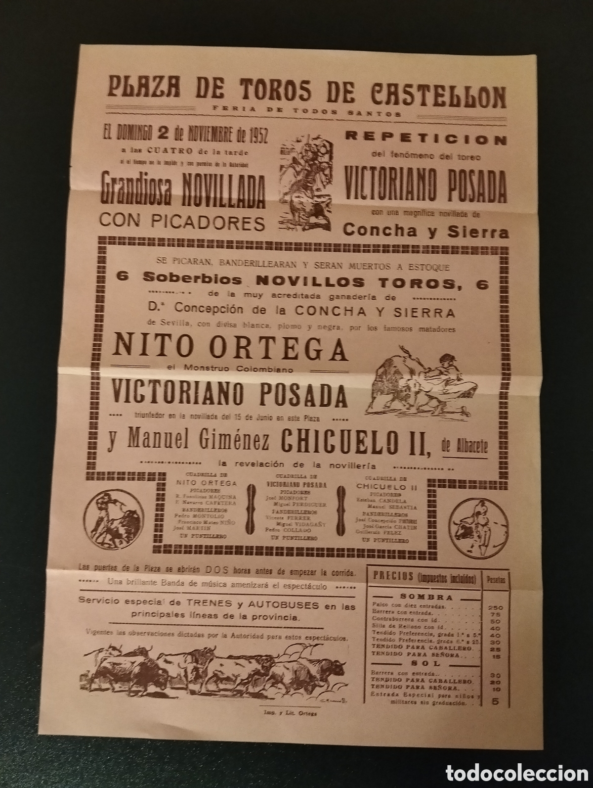 Carteles Toros: CARTEL PLAZA DE TOROS CASTELLON 2 NOVIEMBRE 1952 ORTEGA POSADA CHICUELO II