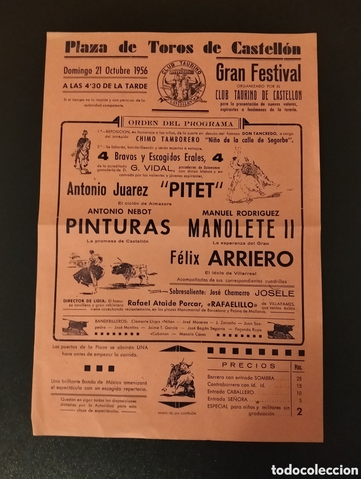 Carteles Toros: CARTEL PLAZA DE TOROS CASTELLON 21 OCTUBRE 1956 PITET MANOLETE II ARRIERO