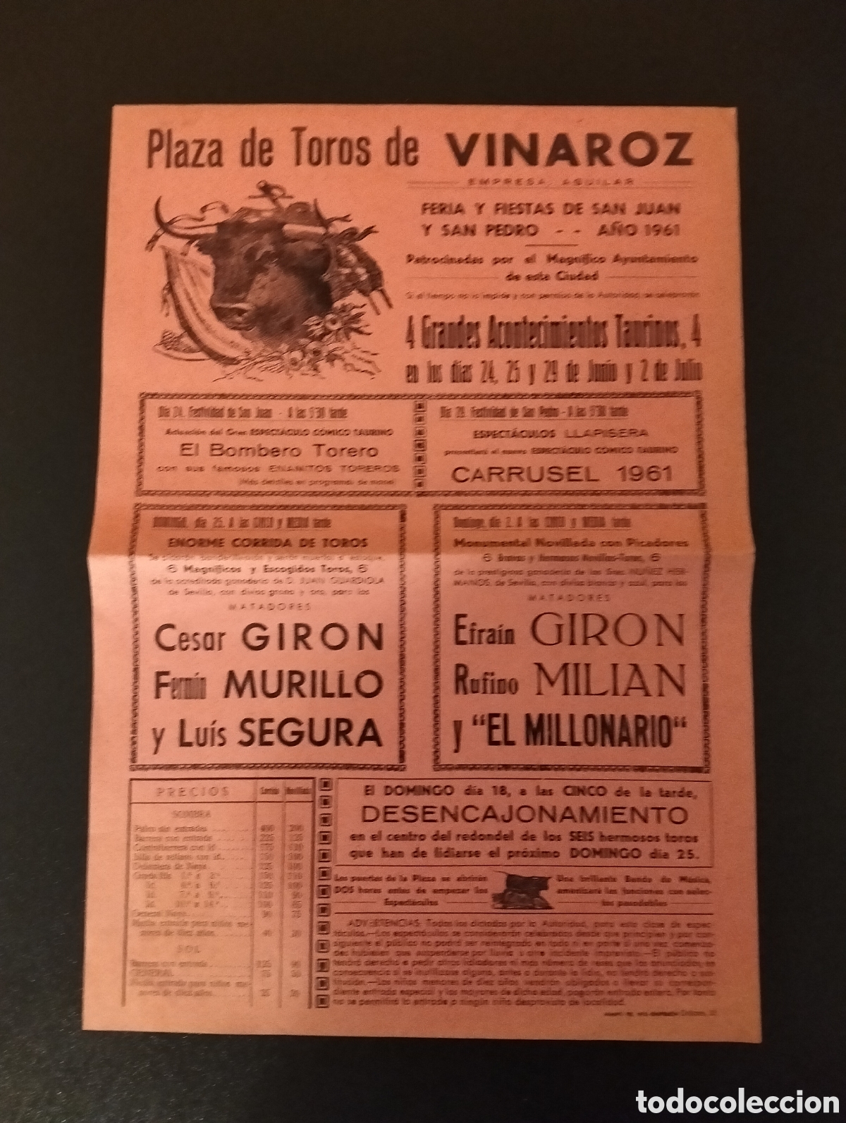 Carteles Toros: CARTEL PLAZA DE TOROS VINAROZ 24 25 29 JUNIO Y 2 JULIO 1961 GIRON MILIAN MURILLO SEGURA