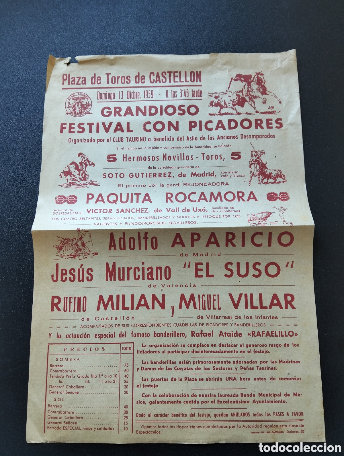 Carteles Toros: CARTEL PLAZA DE TOROS CASTELLON 13 DICIEMBRE 1959 ROCAMORA APARICIO EL SUSO MILIAN VILLAR