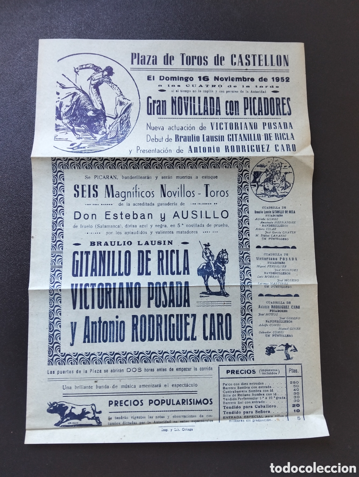 Carteles Toros: CARTEL PLAZA DE TOROS CASTELLON 16 NOVIEMBRE 1952 GITANILLO DE RICLA POSADA CARO