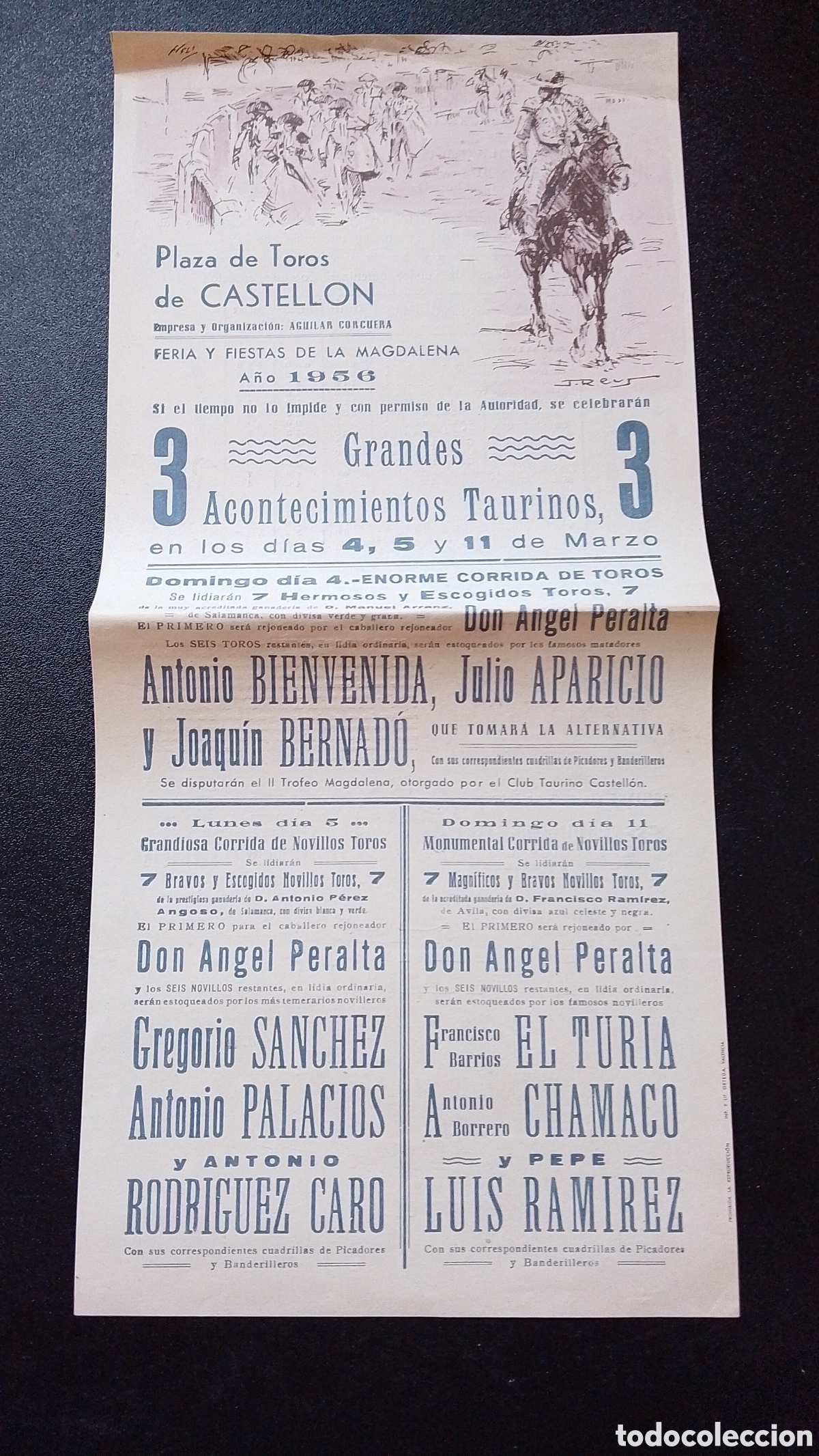 Carteles Toros: CARTEL PLAZA DE TOROS CASTELLON 4 5 11 MARZO 1956 BIENVENIDA APARICIO BERNARDO PERALTA CHAMACO