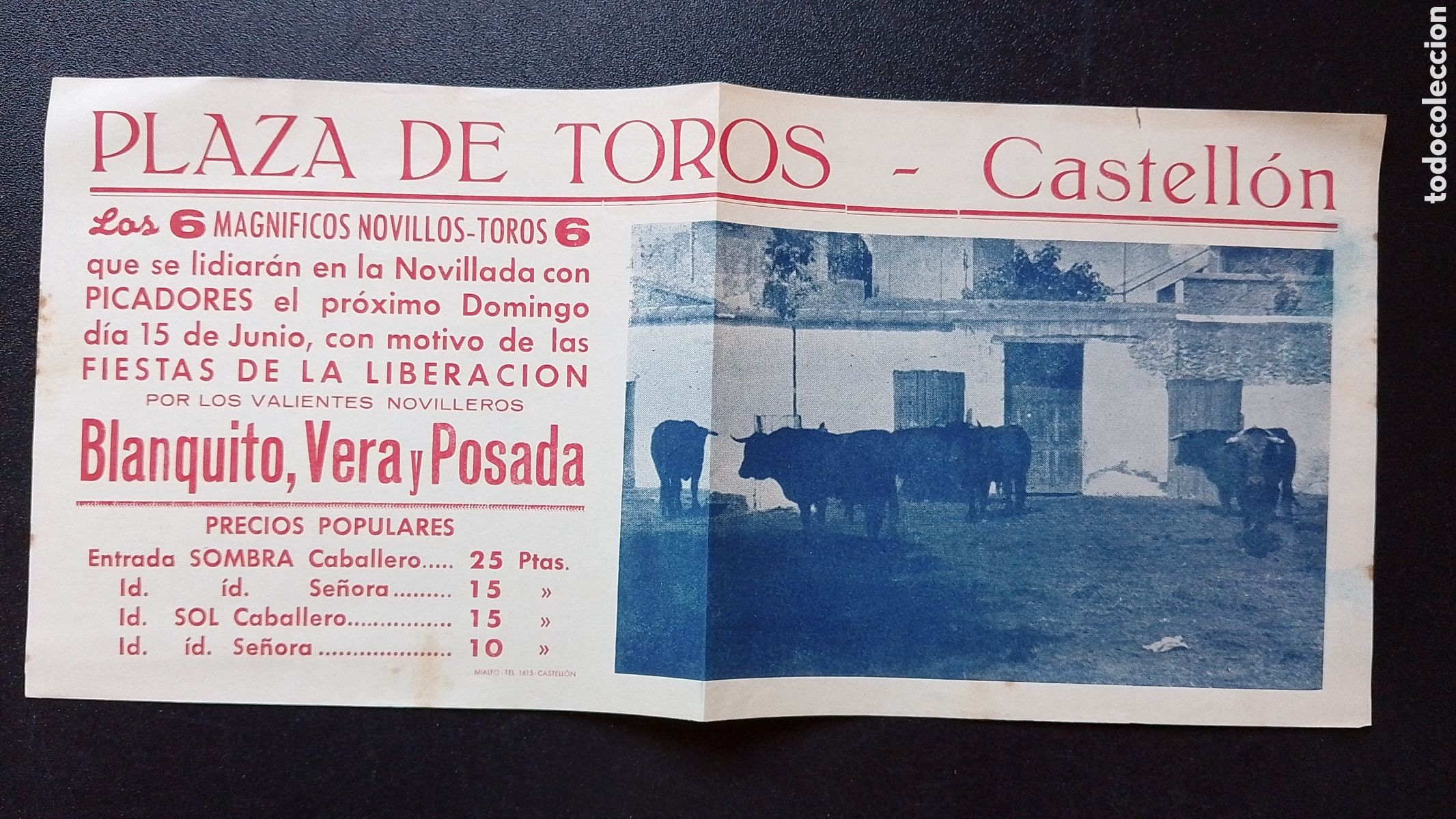 Carteles Toros: CARTEL PLAZA DE TOROS CASTELLON 15 JUNIO BLANQUITO VERA POSADA
