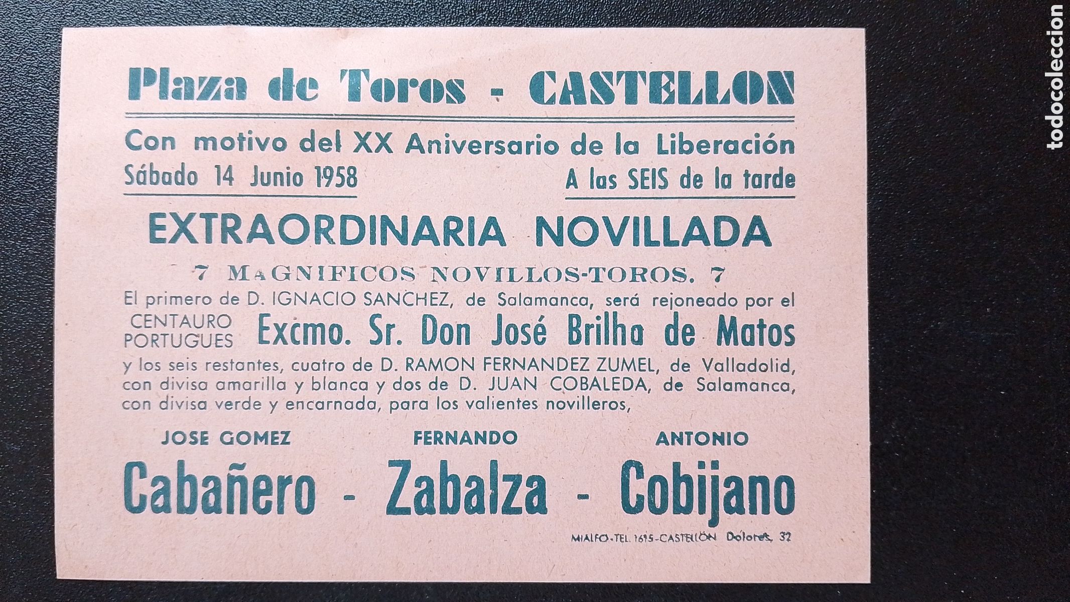 Carteles Toros: CARTEL PLAZA DE TOROS CASTELLON 14 JUNIO 1958 CABA&Ntilde;ERO ZABALZA COBIJANO