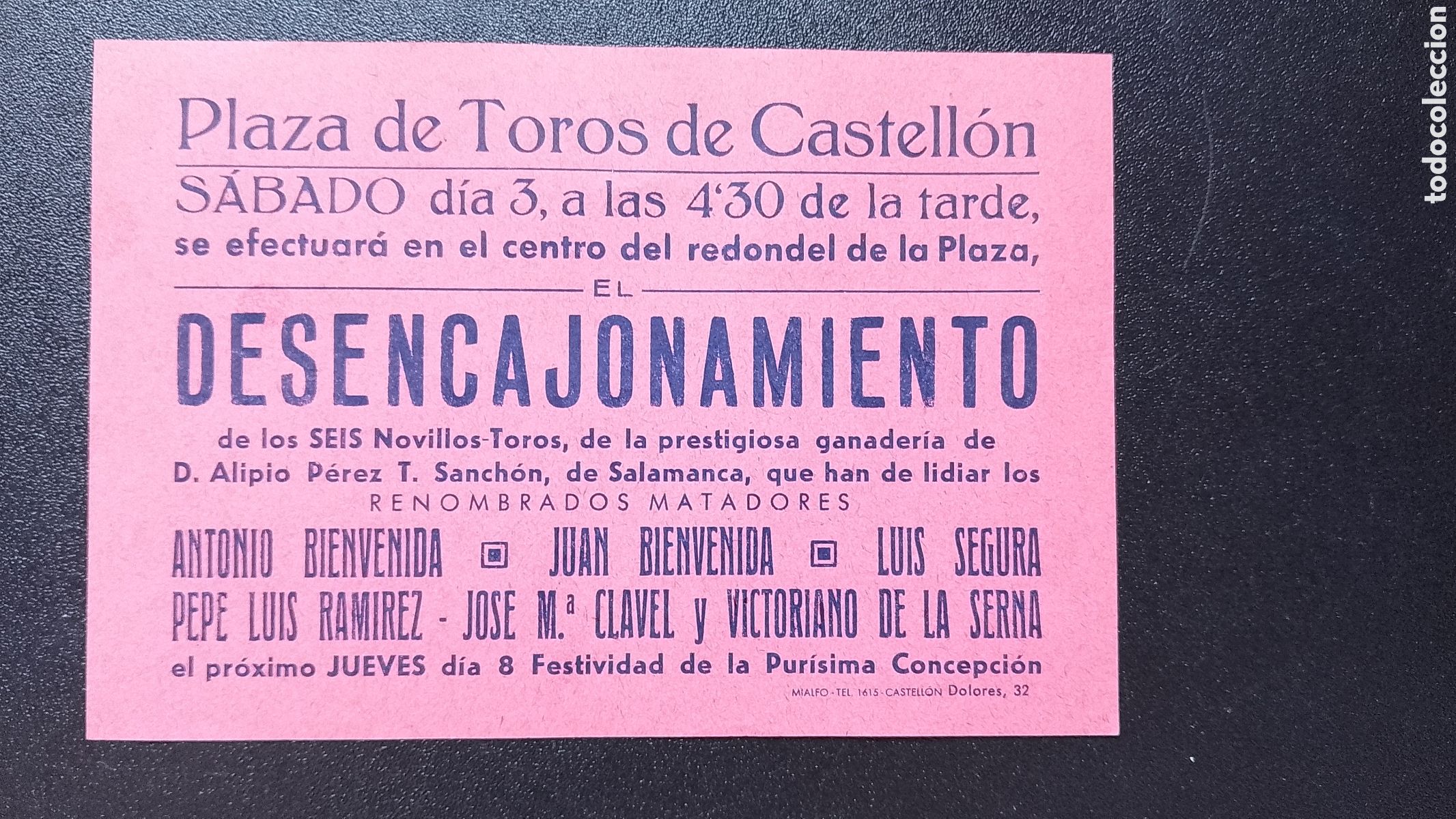 Carteles Toros: CARTEL PLAZA DE TOROS CASTELLON SABADO 3 DESENCAJONAMIENTO PEPE LUIS CLAVEL BIENVENIDA