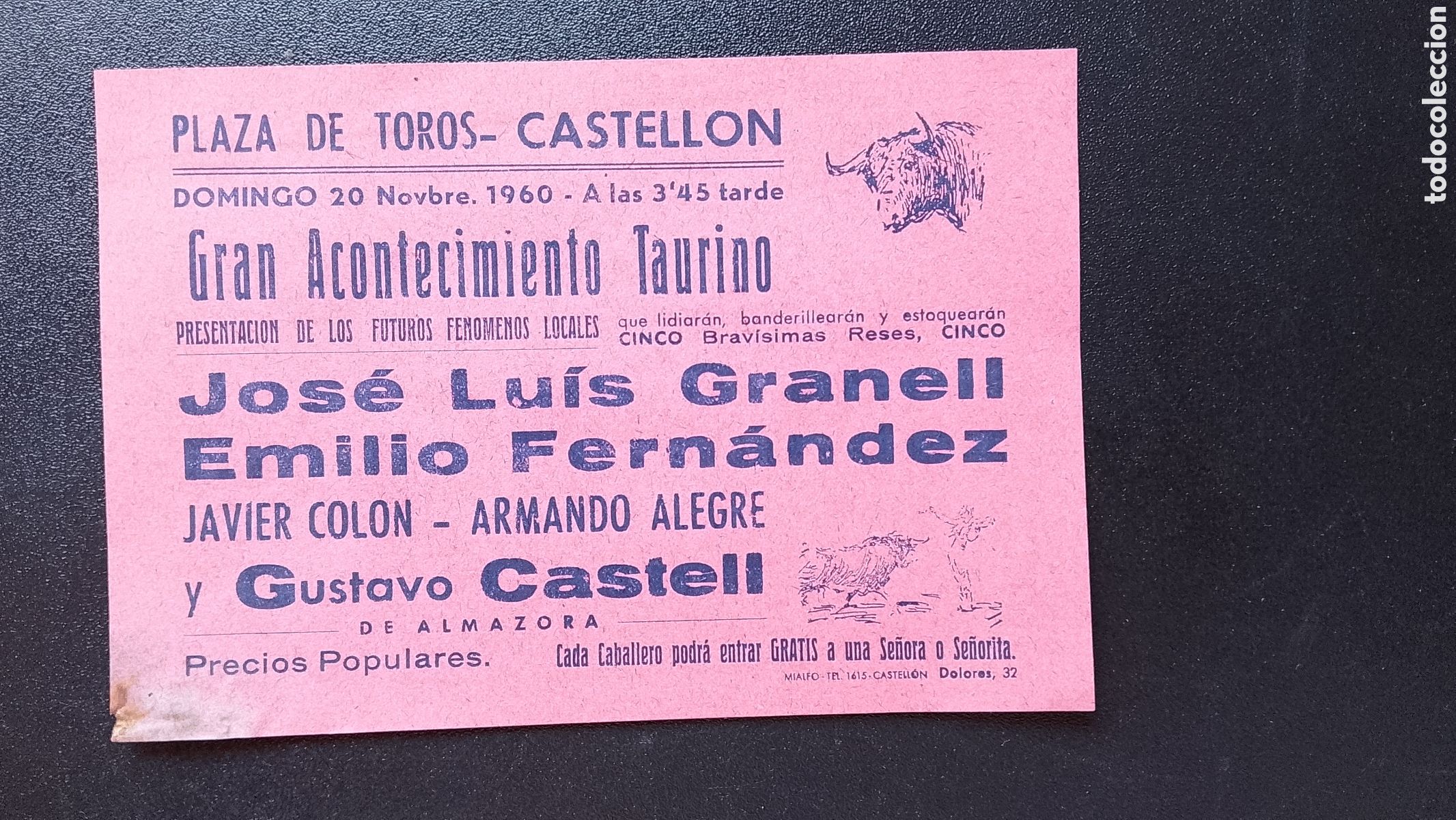 Carteles Toros: CARTEL PLAZA DE TOROS CASTELLON 20 NOVIEMBRE 1960 GRANELL FERNANDEZ CASTELL