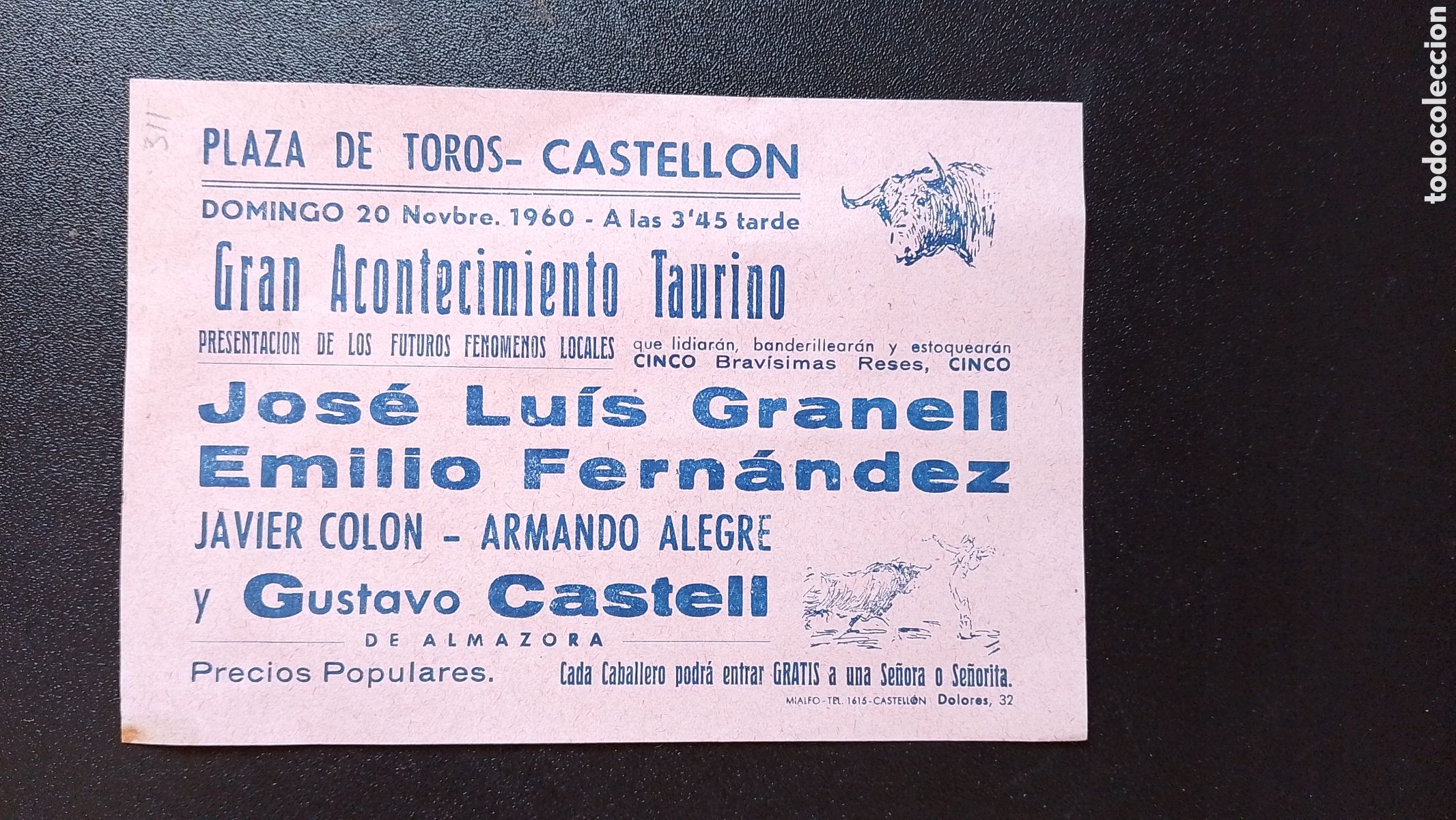 Carteles Toros: CARTEL PLAZA DE TOROS CASTELLON 20 NOVIEMBRE 1960 GRANELL FERNANDEZ CASTELL